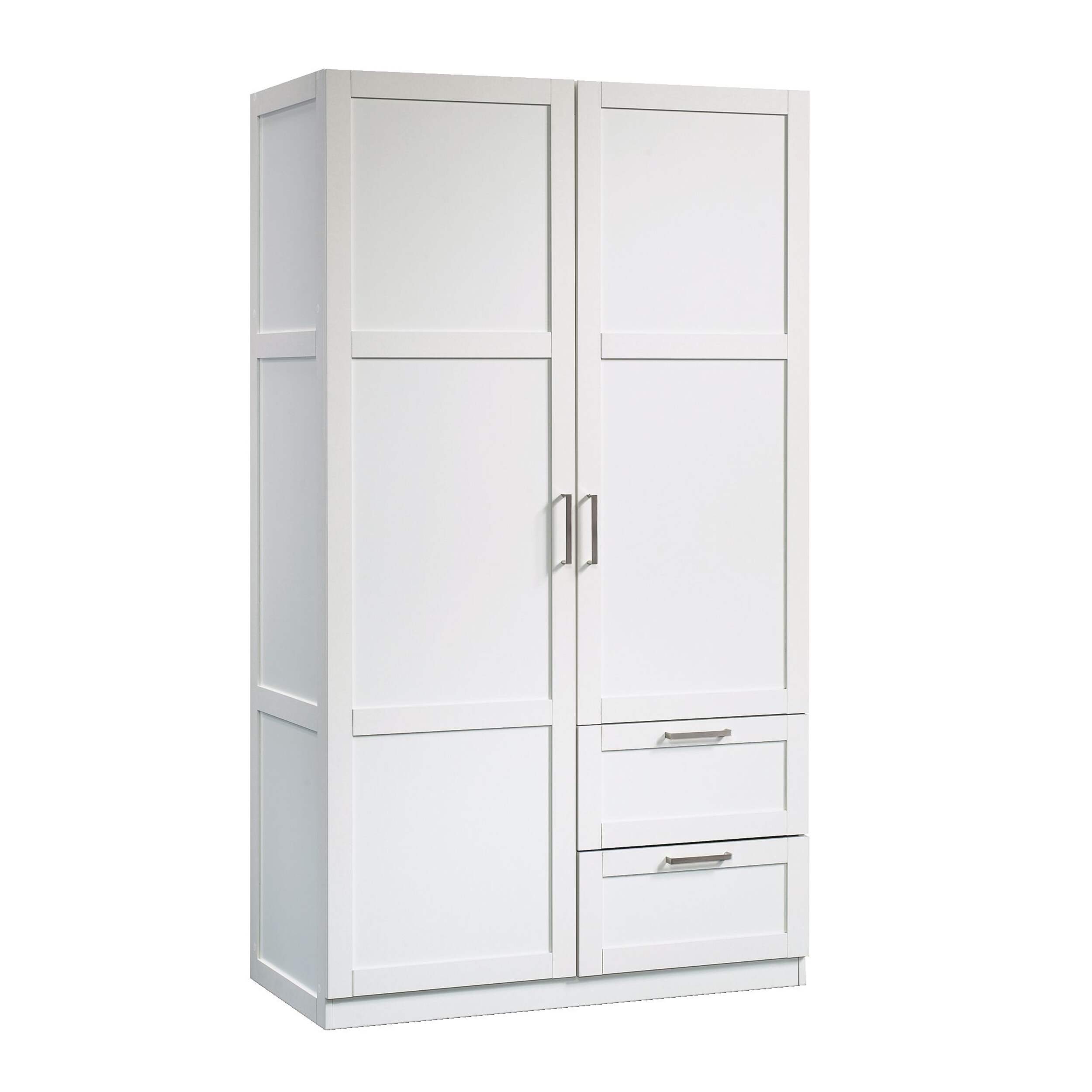 Sauder 2-Door 2-Drawer Wardrobe/Armoire Clothes Storage Cabinet With Hanger Rod, White Front_Three_Fourths_Angled_Right