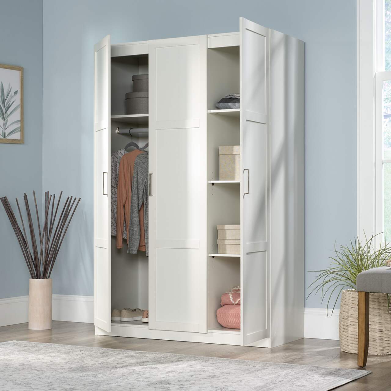 Sauder 3-Door Wardrobe/Armoire Clothes Storage Cabinet With Hanger Rod &  Shelves, White