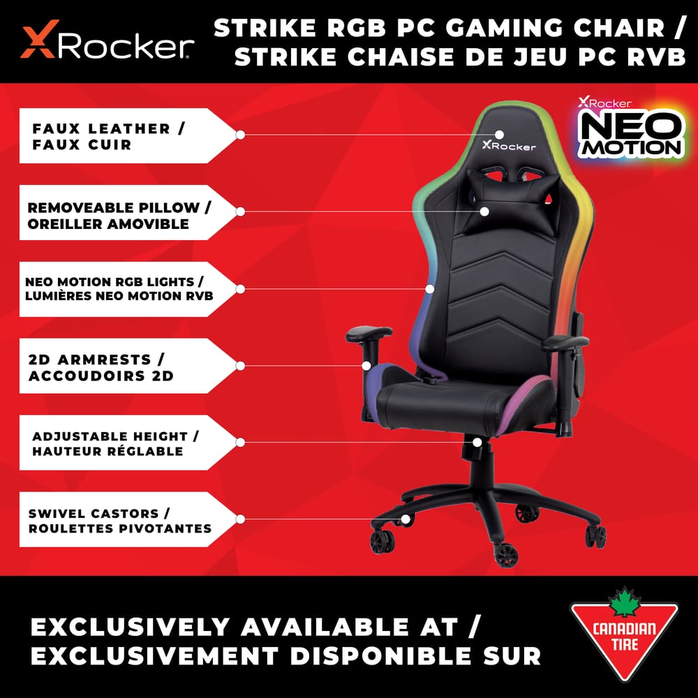 X Rocker Strike RGB Ergonomic Adjustable Swivel PC Gaming/Office Chair w/ LED Light, Black | Canadian Tire