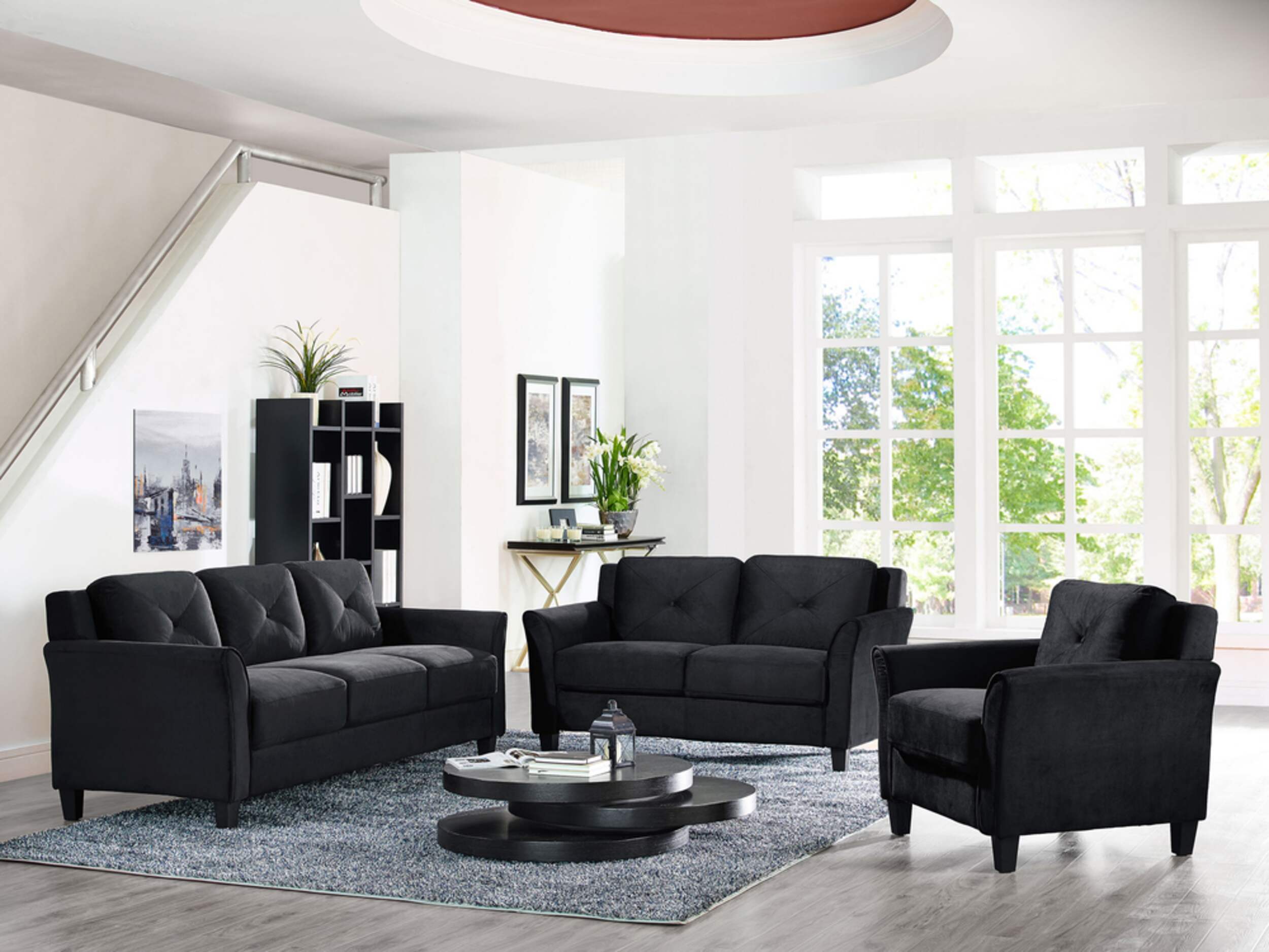 Hartford Curved Arm Sofa Set, Black, 3-pc Composite_or_Mixed