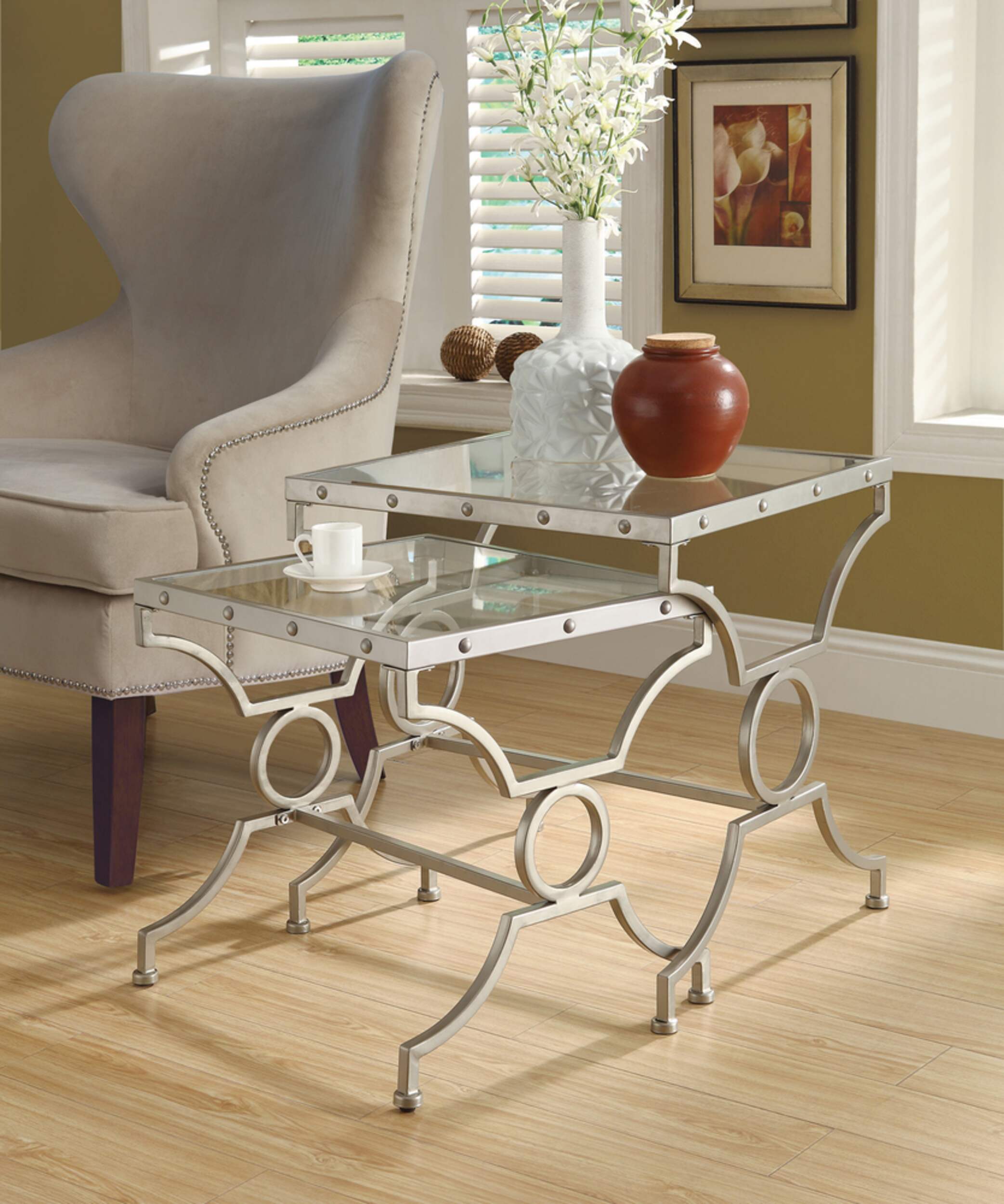 Monarch Glass Top Nesting End/Side Accent Tables With Decorative Metal