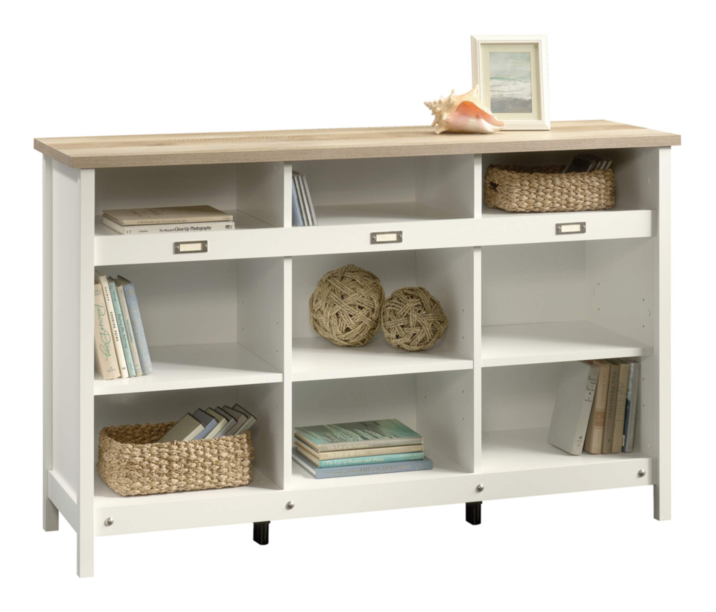 Sauder Adept Open Shelf Credenza/TV Stand/Console Table With Cubby Storage, Soft White Front_Angled_Right