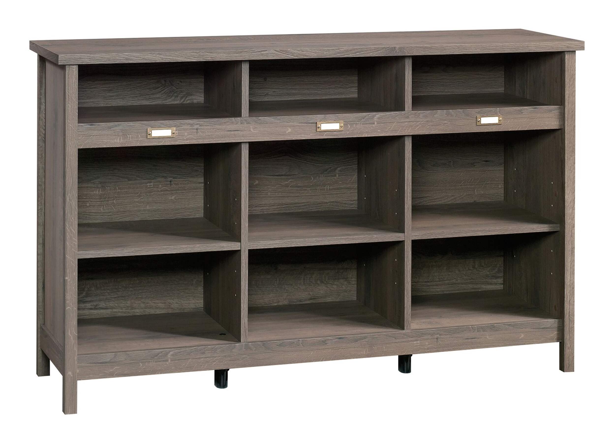 Sauder Adept Open Shelf Credenza/TV Stand/Console Table With Cubby Storage, Fossil Oak Finish Front_Angled_Right