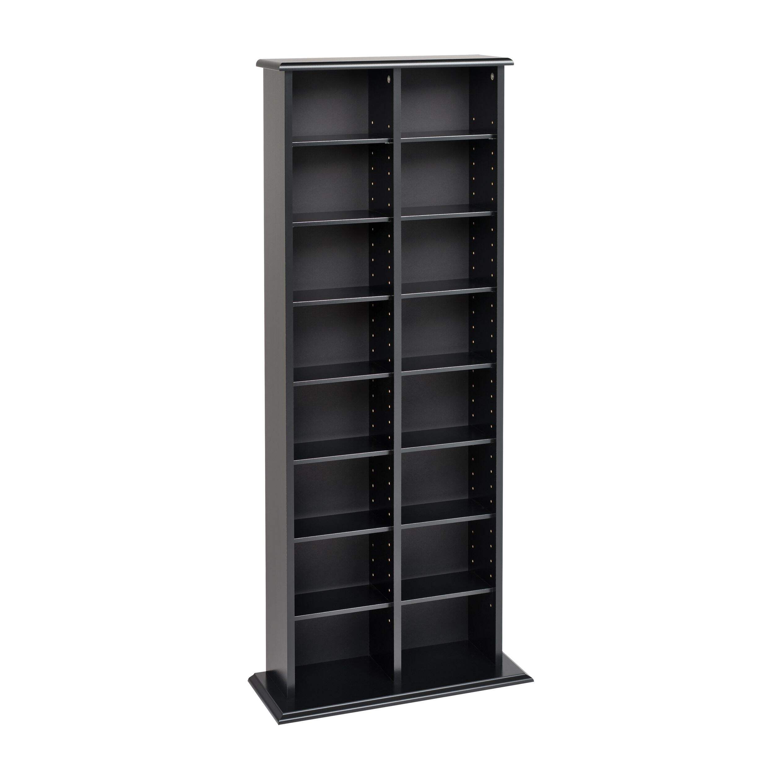 Prepac Double Width 14-Shelf Black Multimedia Storage Tower Front_Angled_Right