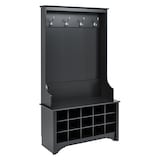 Prepac 4-Hook Entryway Coat Rack/Hall Tree With Bench & Shoe Cubby Storage Shelves, Black Front_Three_Fourths_Angled_Right
