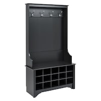 Prepac 4-Hook Entryway Coat Rack/Hall Tree With Bench & Shoe Cubby Storage Shelves, Black Front_Three_Fourths_Angled_Right