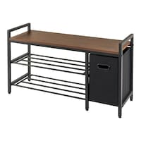 NeatFreak 2-Tier Metal Bench with Fabric Bin, Walnut Finish