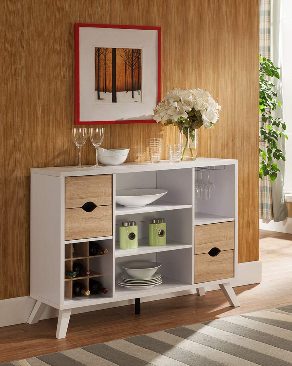 Brassex 2 Tone Wooden Dining Buffet Server with Storage White Oak
