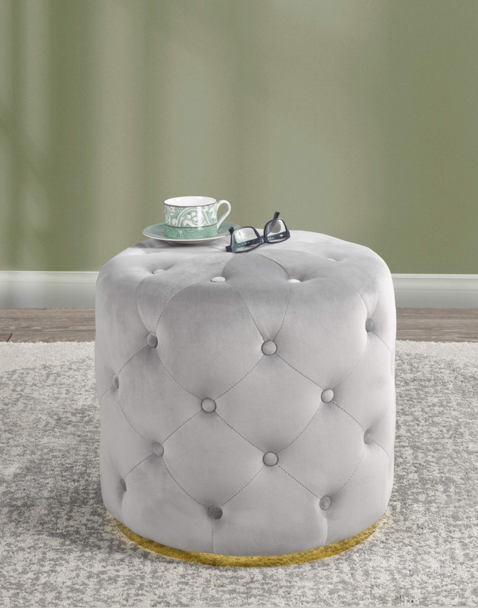 Brassex Fabric Tufted Gold Base Round Ottoman, Grey Front_Angled_Right