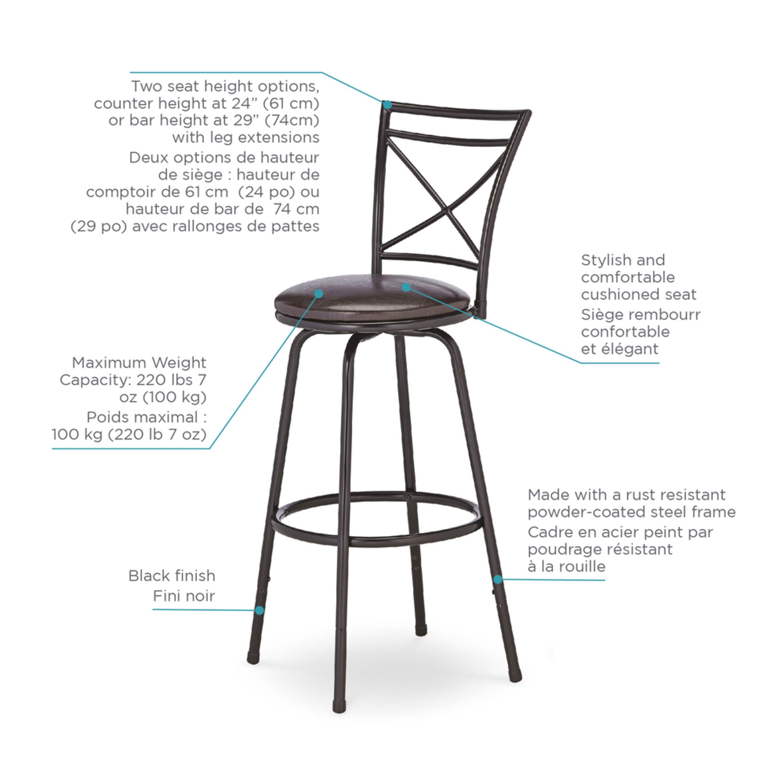 For Living Metal & PU Leather Swivel Bar Stool Adjustable Height, Black