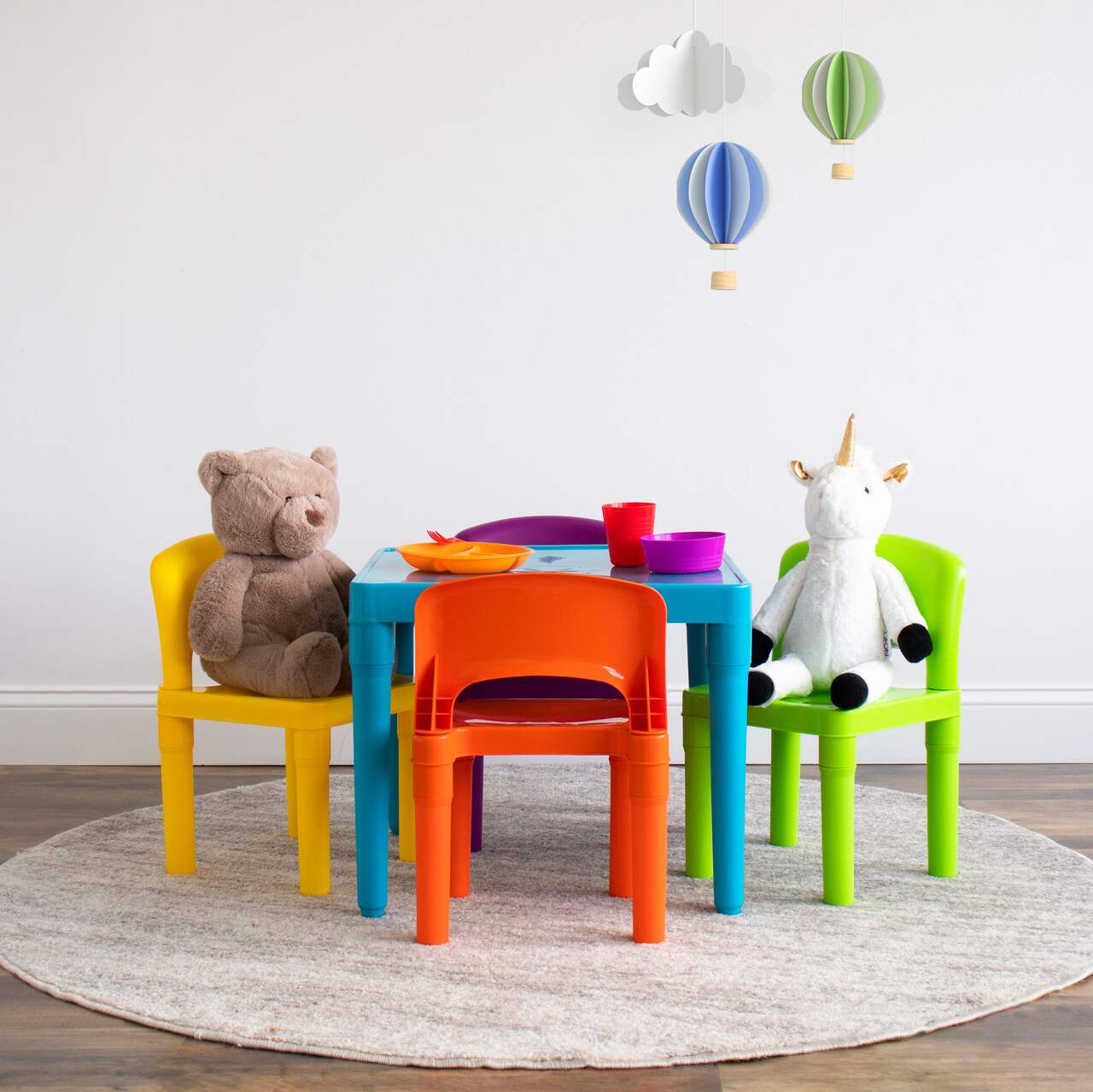 Humble Crew Kids Square Plastic Table & 4 Chairs Set, Multi-Colour, Ages 3+