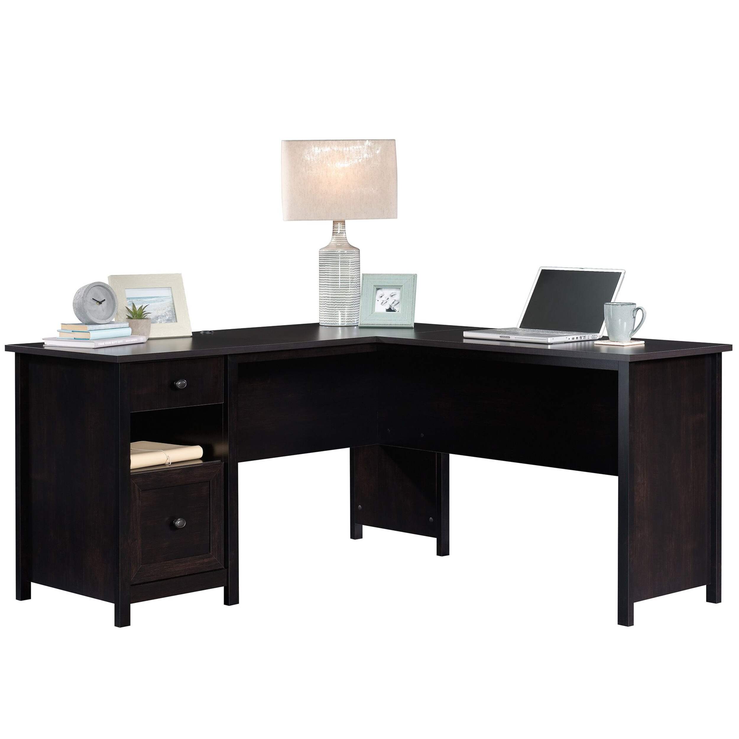 Sauder County Line Home Office L-Desk with Storage, Estate Black Front_Elevated