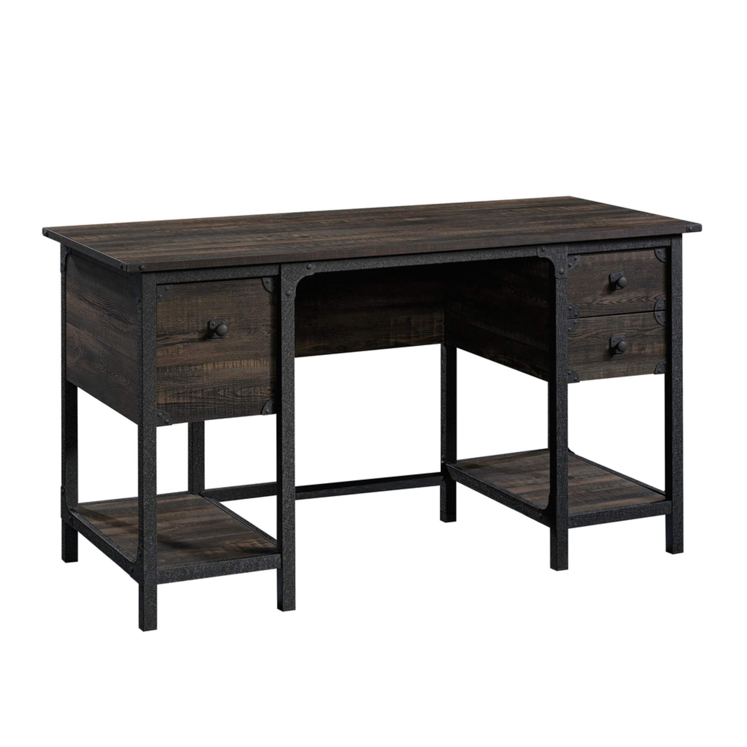 Sauder Steel River Double Pedestal Desk with Storage, Carbon Oak Front_Three_Fourths_Angled_Right