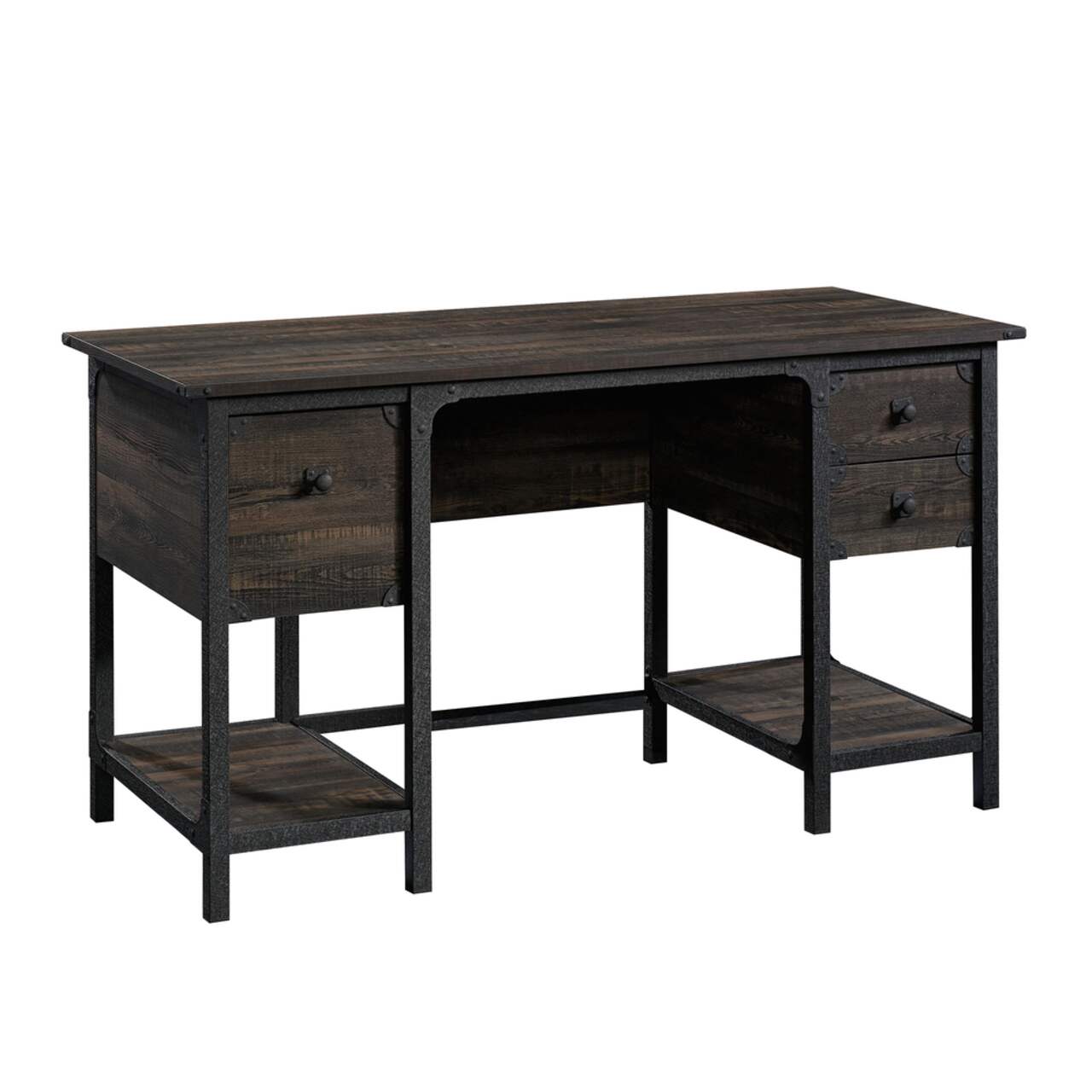 Sauder Steel River Double Pedestal Desk with Storage Carbon Oak