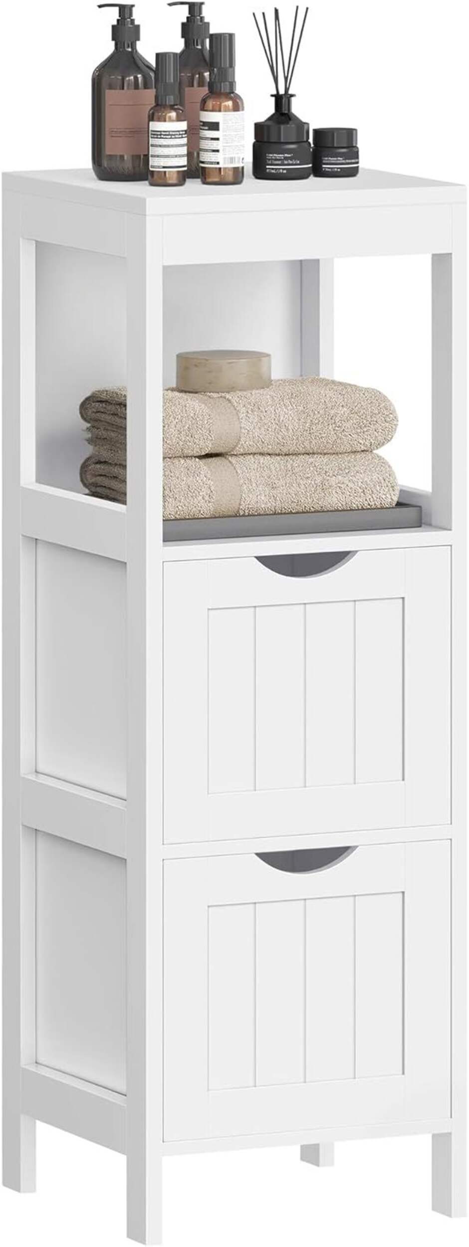 Songmics Home Cabinet with 2 Drawers and 1 Open Shelf, White Front_Angled_Right