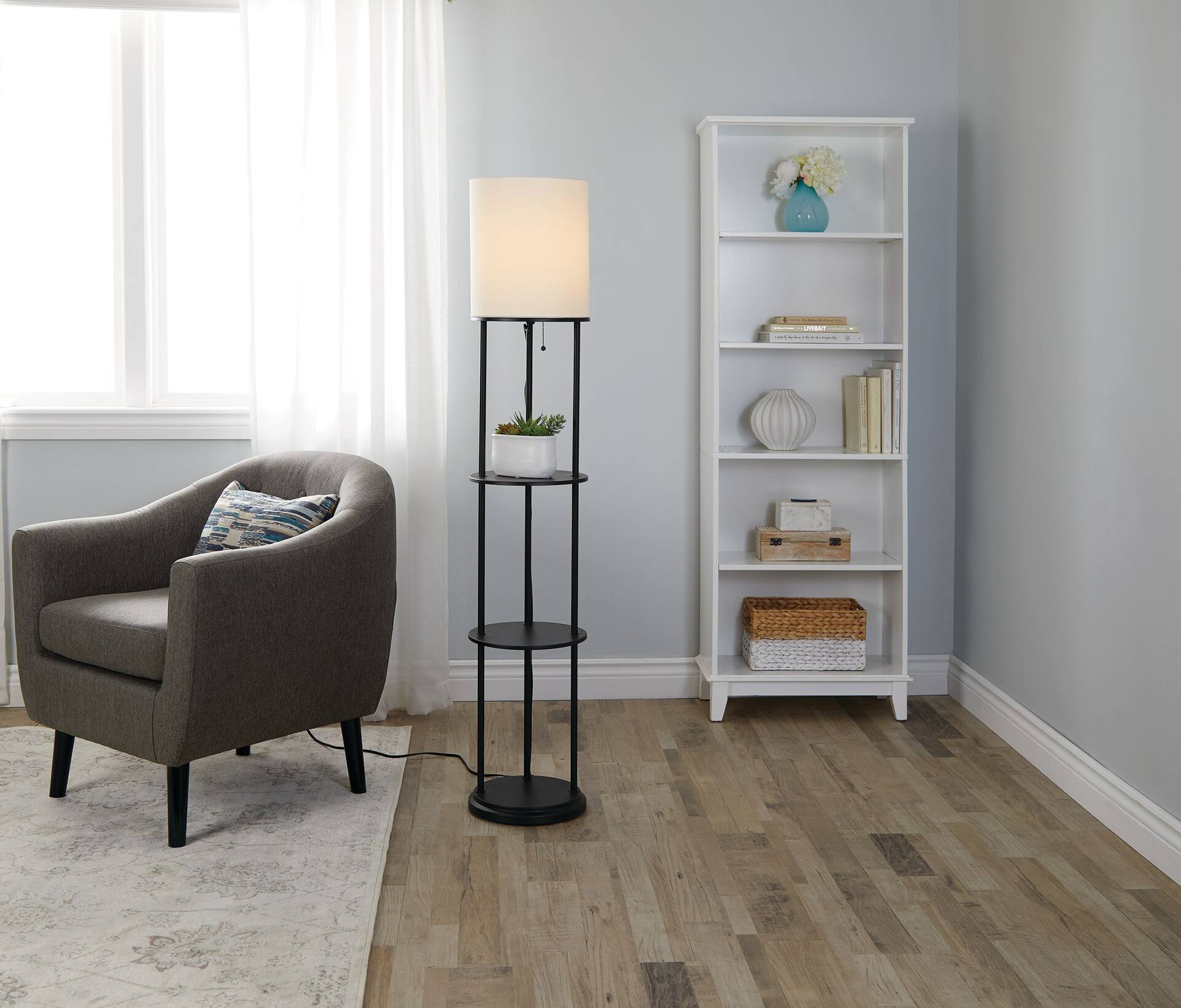 For Living Annie Etagere White Linen Shade Floor Lamp with Shelves 58 in Black Canadian Tire