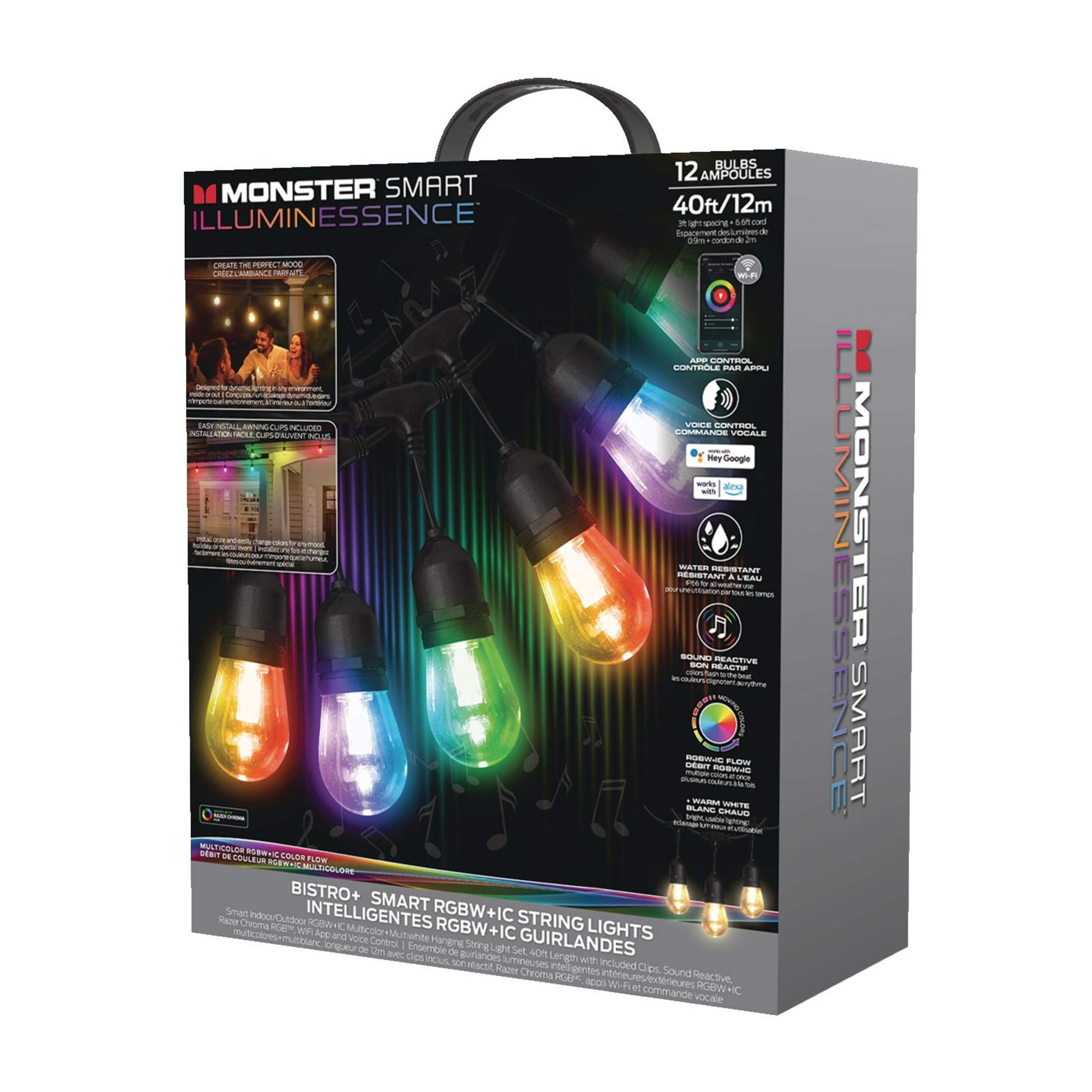 Monster Illuminessence BISTRO+ Smart String Lights, Mult-Colour & Multi-Zone, 35-ft Front_Three_Fourths_Angled_Left