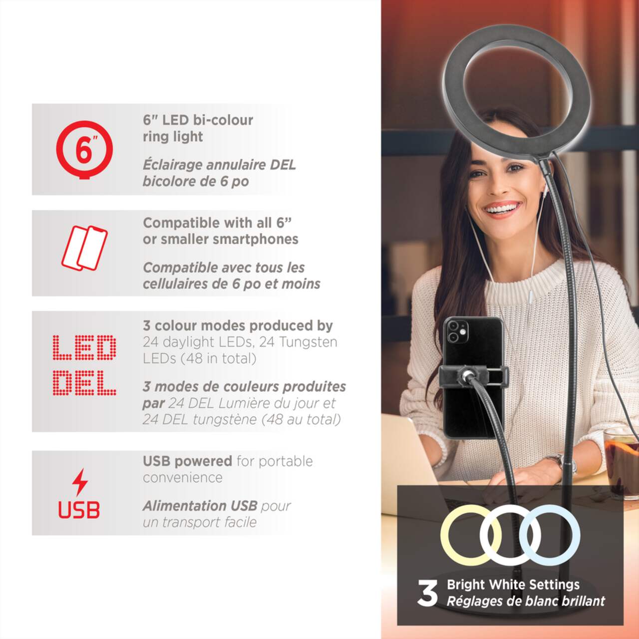 Mobifoto Mobilite 6 in LED Ring Light with Desk Tripod Phone Holder