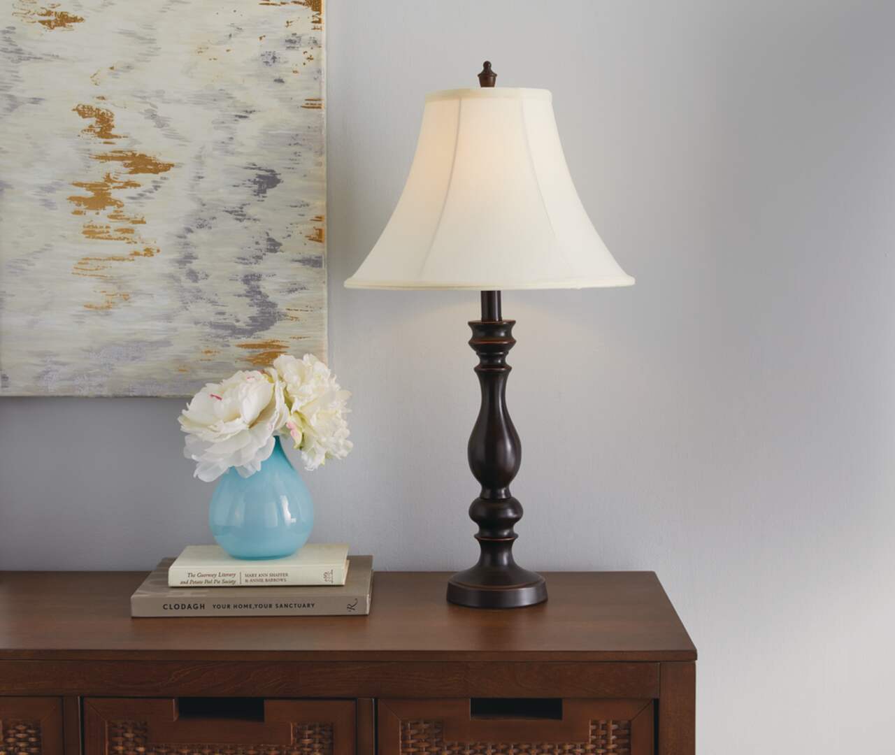 For Living Monica Flared Beige Fabric Shade Table Lamp 26 in Black Painted Finish Canadian Tire