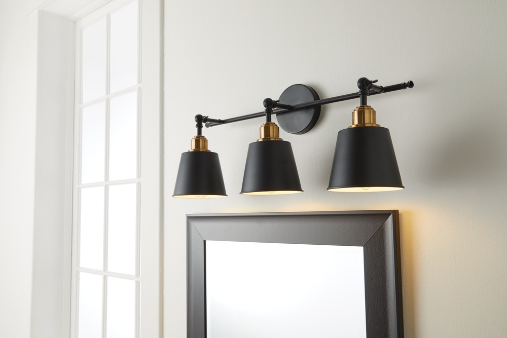 CANVAS 3Light Metal Shade Bell Vanity Light Fixture, Matte Black/Gold
