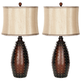 Safavieh Santa Fe Beige Silk Shade Faux-Leather Table Lamp Set, 28.5-in, Brown, 2-pk Front_Flat