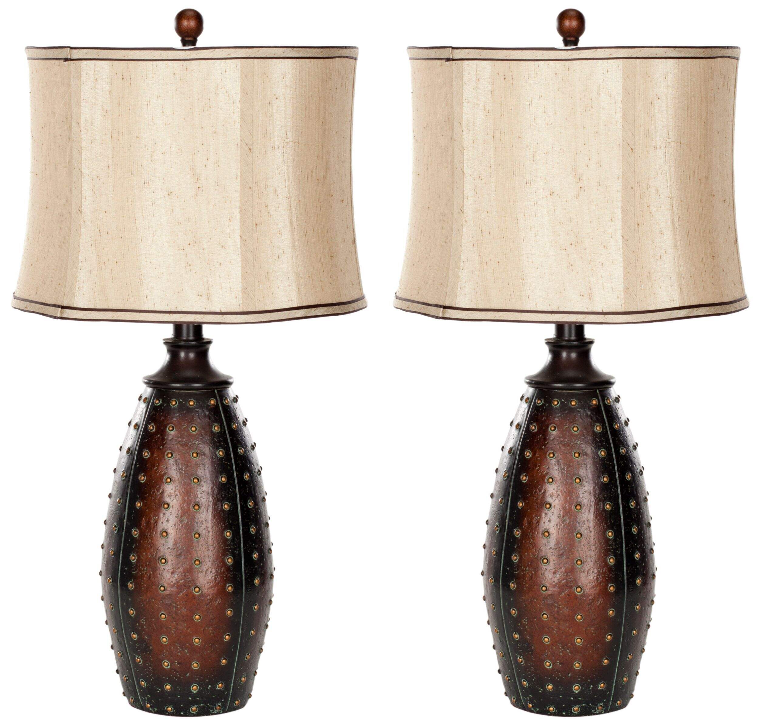 Safavieh Santa Fe Beige Silk Shade Faux-Leather Table Lamp Set, 28.5-in, Brown, 2-pk Front_Flat