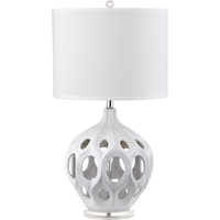 Safavieh Regina Hardback Drum Shade Ceramic Table Lamp, 16-in, White/Silver Front_Flat