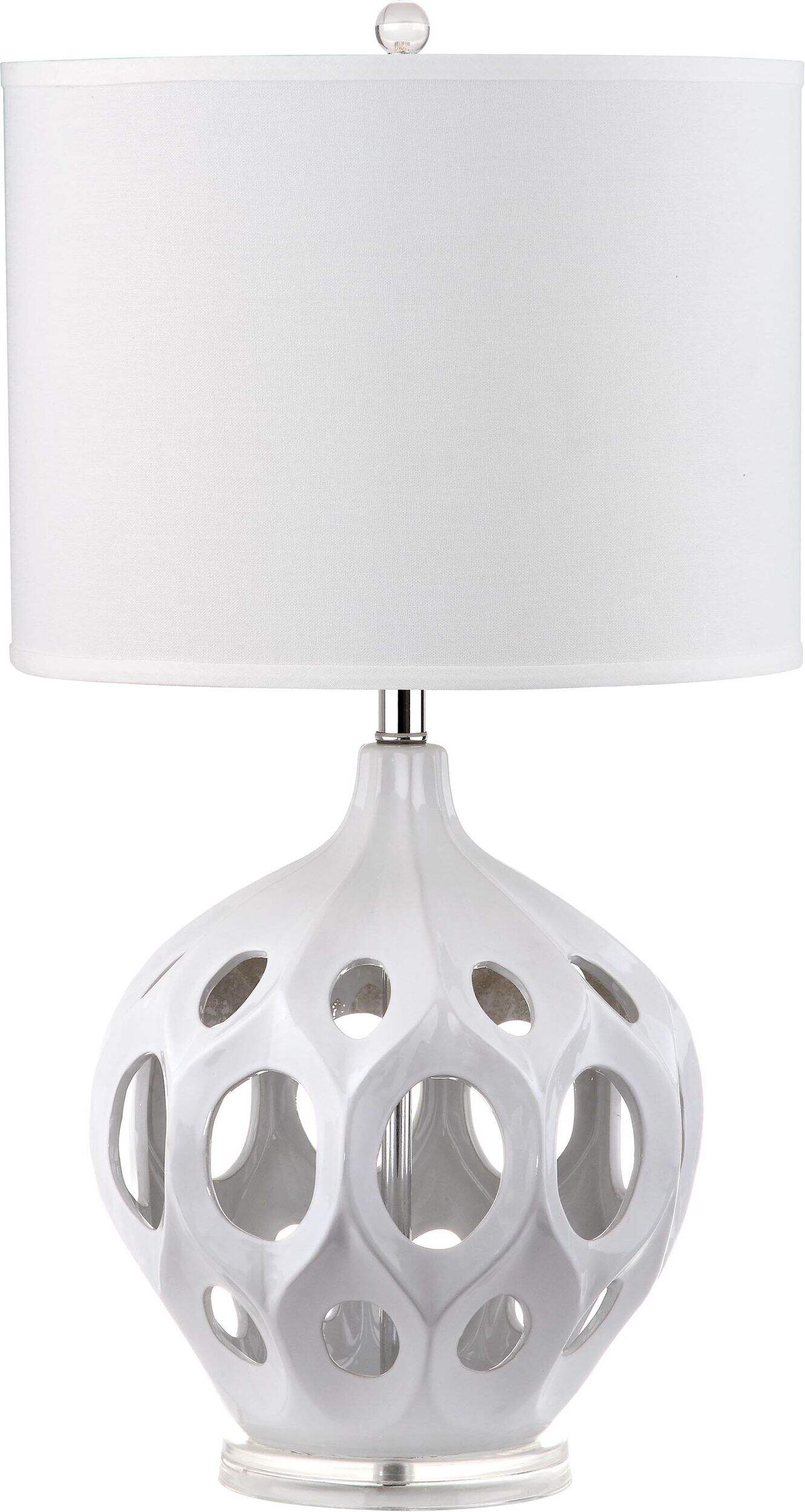 Safavieh Regina Hardback Drum Shade Ceramic Table Lamp, 16-in, White/Silver Front_Flat