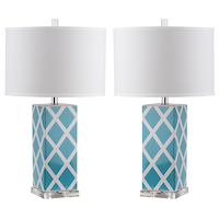 Safavieh Garden Lattice Cotton Hardback Drum Shade Ceramic Table Lamp Set, 27-in, Light Blue/Silver, 2-pk Composite_or_Mixed