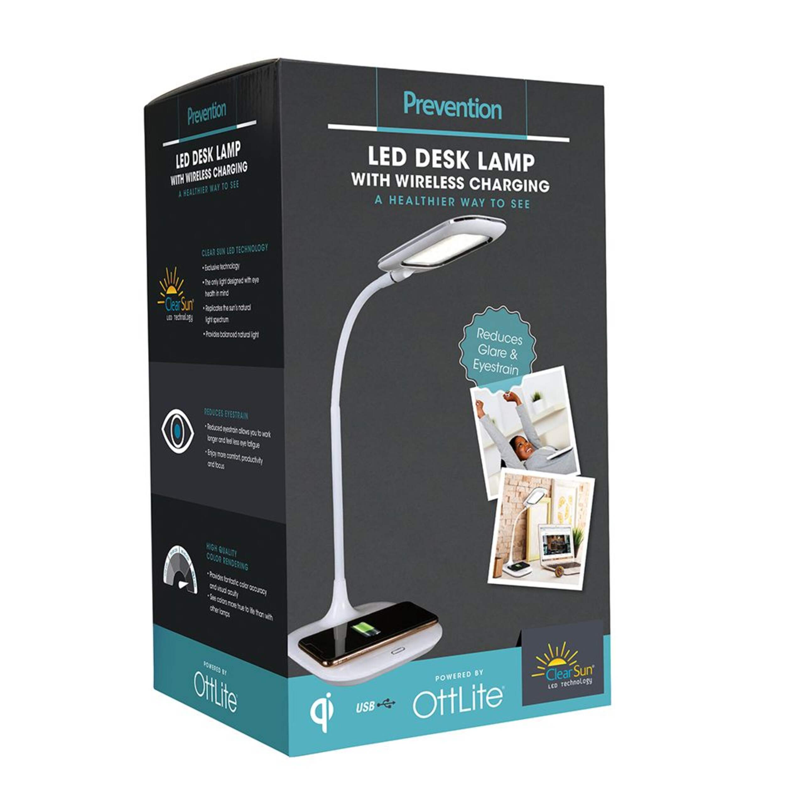 Prevention by OttLite LED Desk Lamp with Wireless Charging Front_Three_Fourths_Angled_Right