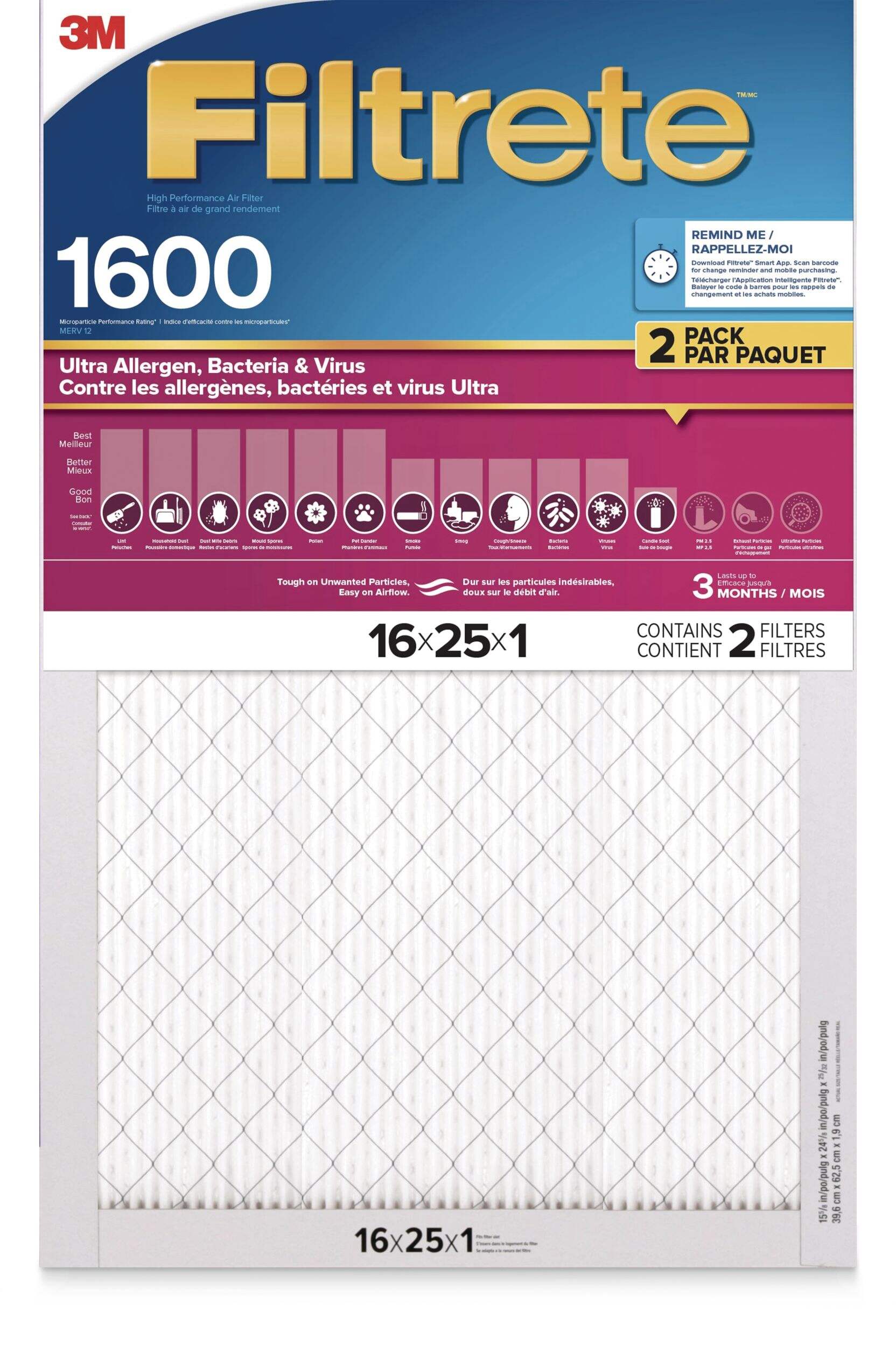 3M™ Filtrete™ Ultra Allergen, Bacteria & Virus, 1600MPR, 16 x 25 x 1-in, 2-pk Front_Flat
