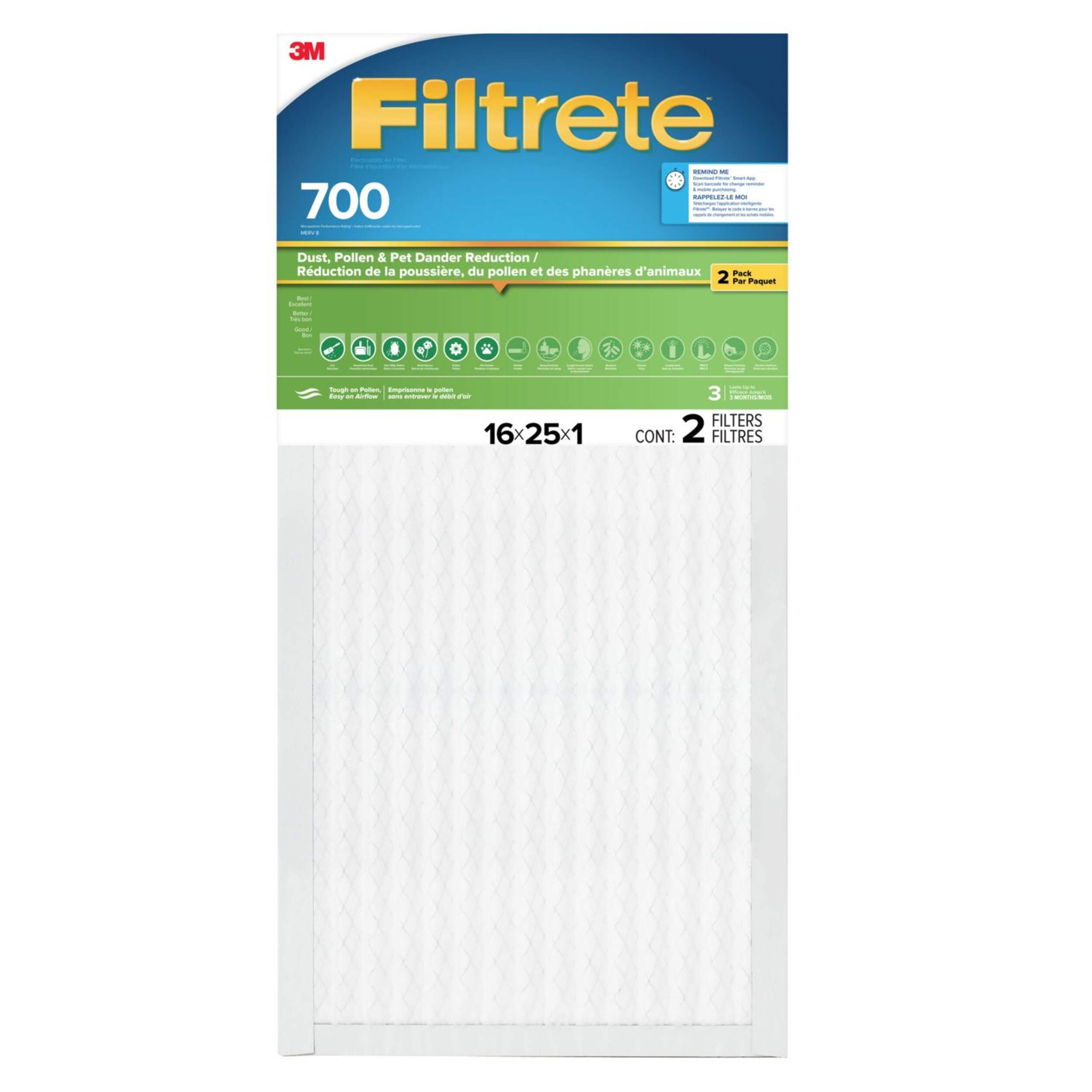 3M™ Filtrete™ Furnace Filter, MPR 700, 16 x 25 x 1-in, 2-pk Front_Flat