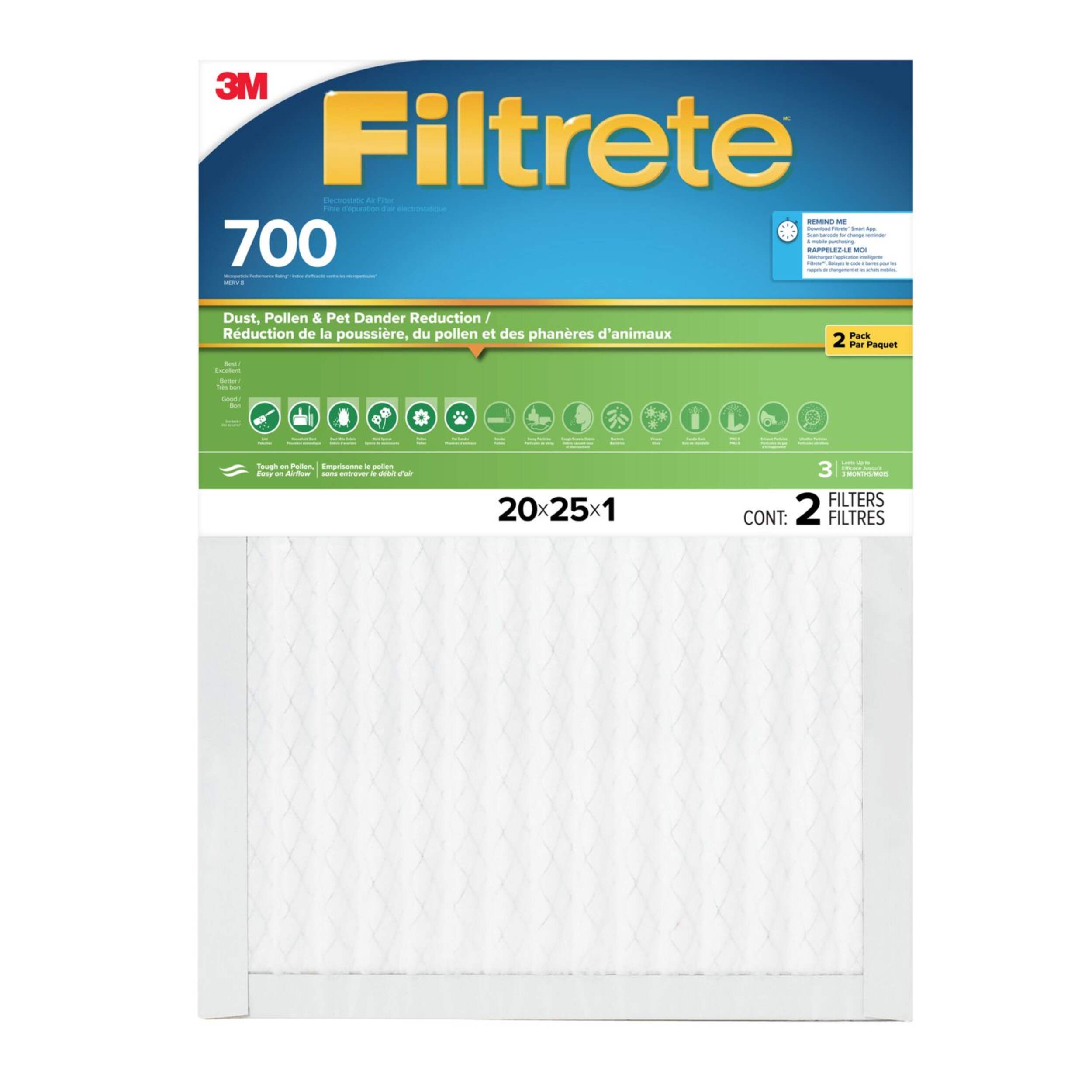 3M™ Filtrete™ Furnace Filter, MPR 700, 20 x 25 x 1-in, 2-pk Front_Flat