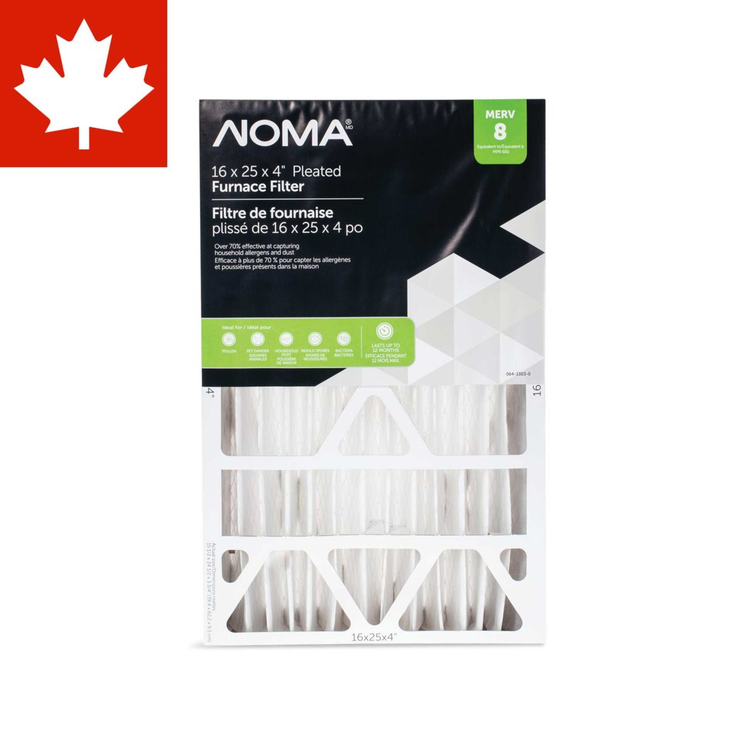 NOMA Electrostatic Pleated Furnace Air Filter, MERV 8, 16 x 25 x 4-in, 1-pk Front_Flat