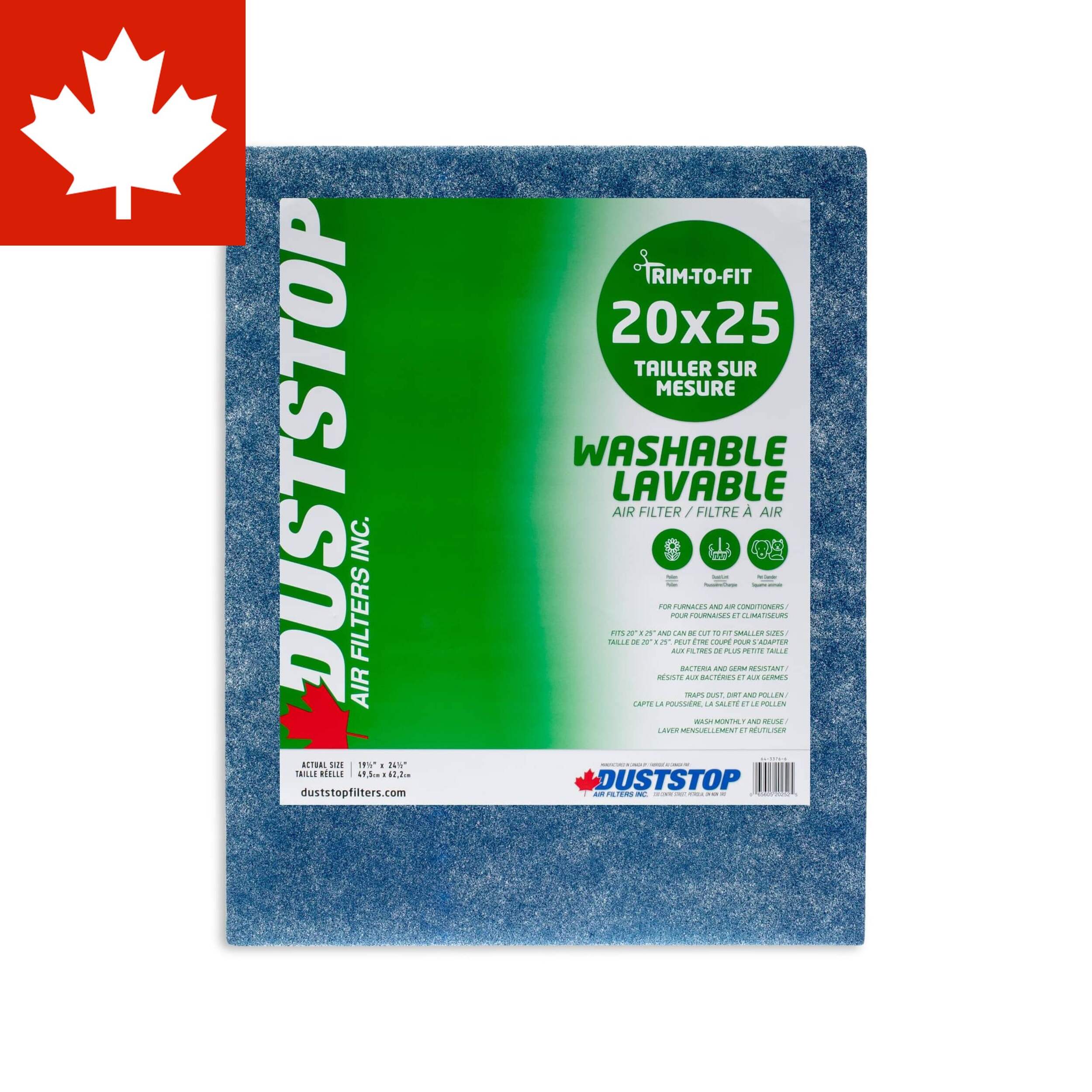 Duststop Trim to Fit Washable Furnace Air Filter, 20 x 25 x 3/4-in, 1-pk Front_Flat