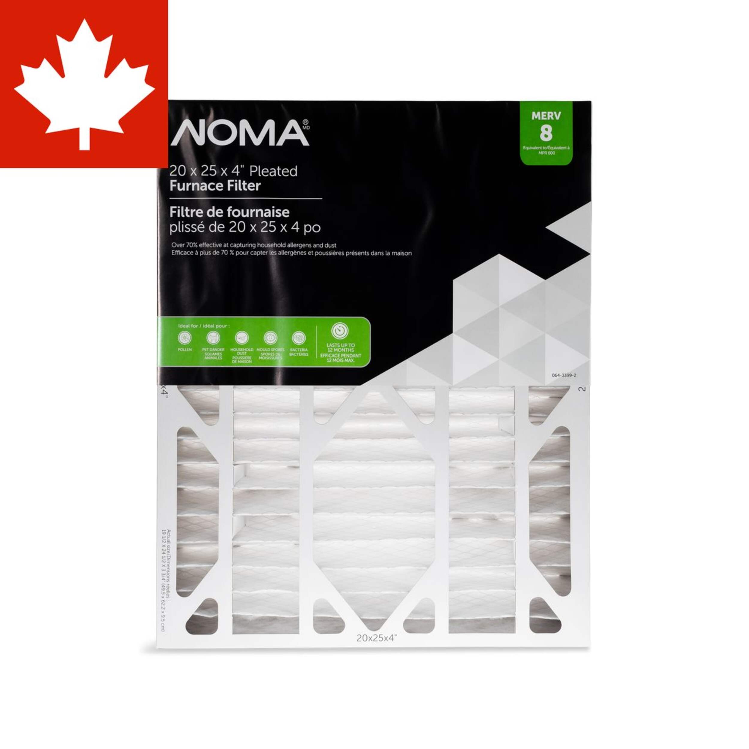 NOMA Electrostatic Pleated Furnace Air Filter, MERV 8, 20 x 25 x 4-in, 1-pk Front_Flat