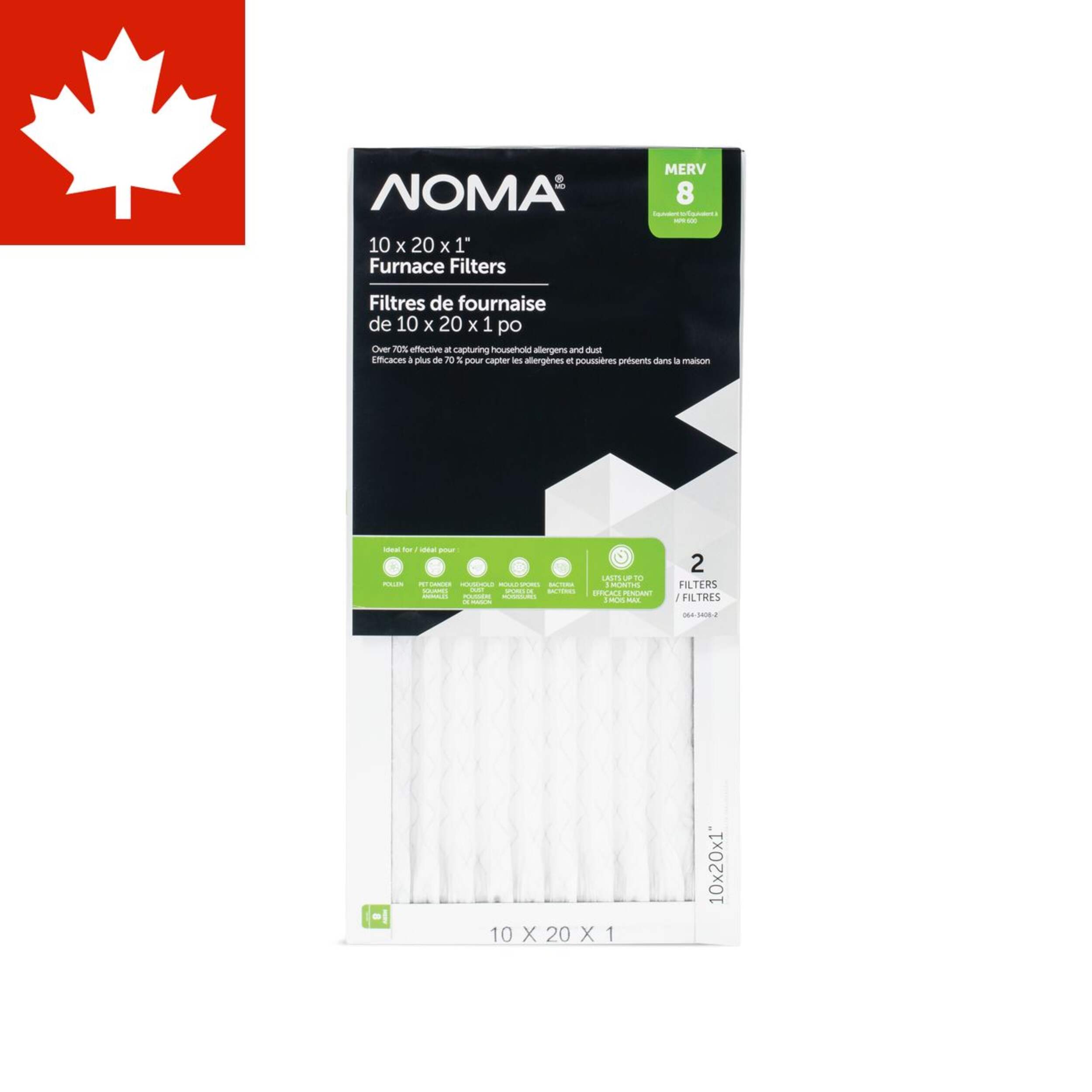 NOMA MERV 8 Filter, Furnace Air Filters, 10 x 20 x 1-in, 2-pk Front_Flat