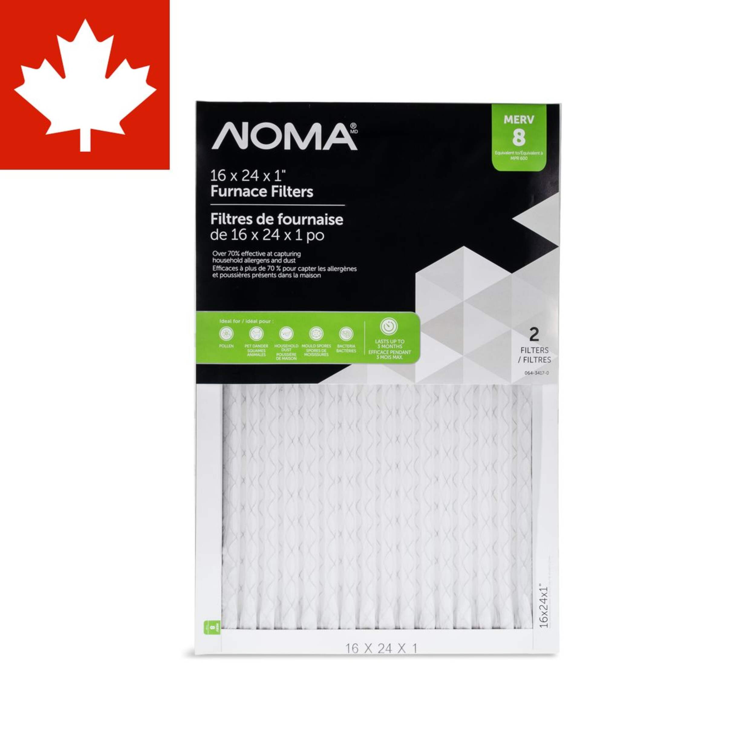 NOMA Electrostatic Furnace Air Filters, MERV 8, 16 x 24 x 1-in, 2-pk Front_Flat