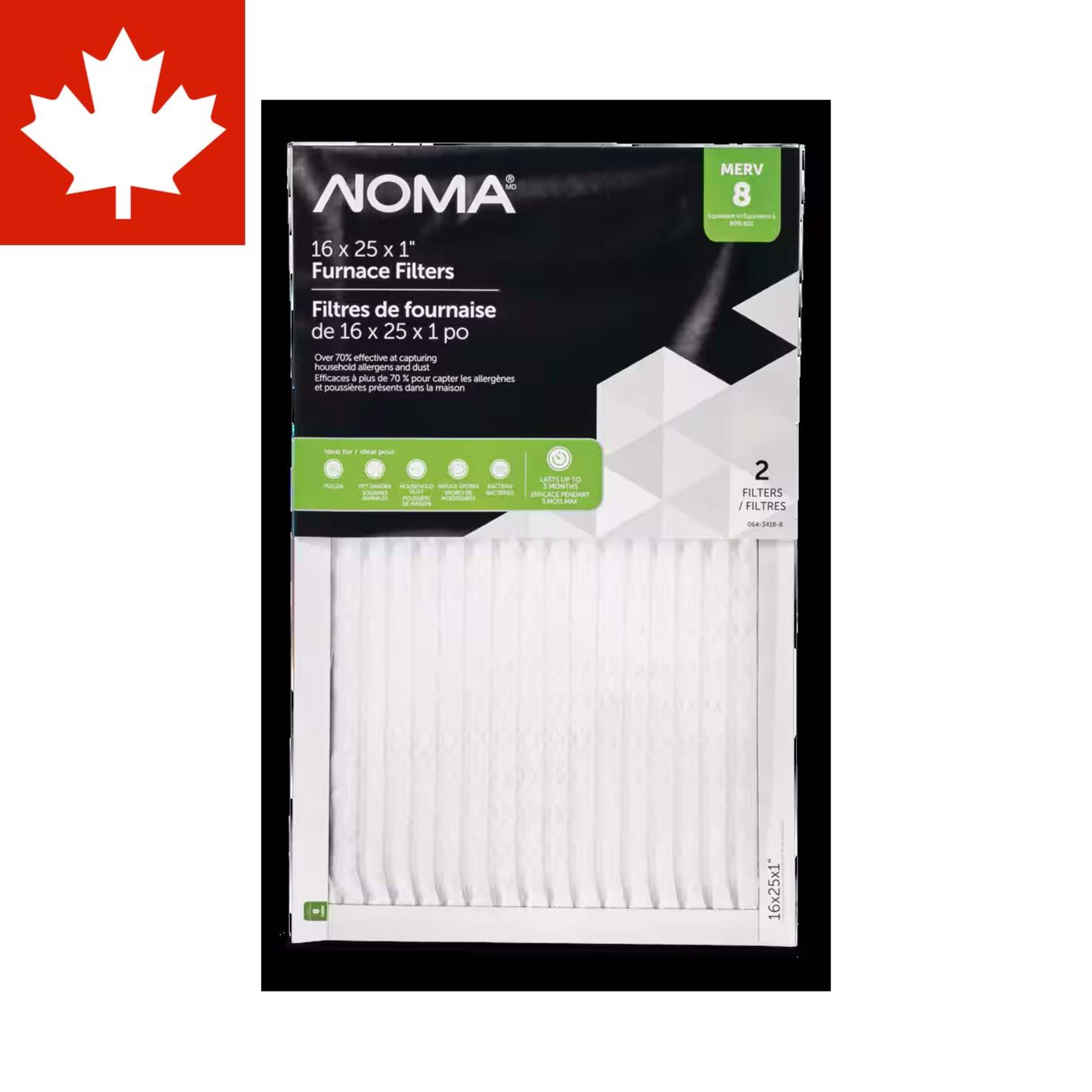 NOMA MERV 8 Furnace Air Filters, 16 x 25 x 1-in, 2-pk Front_Flat