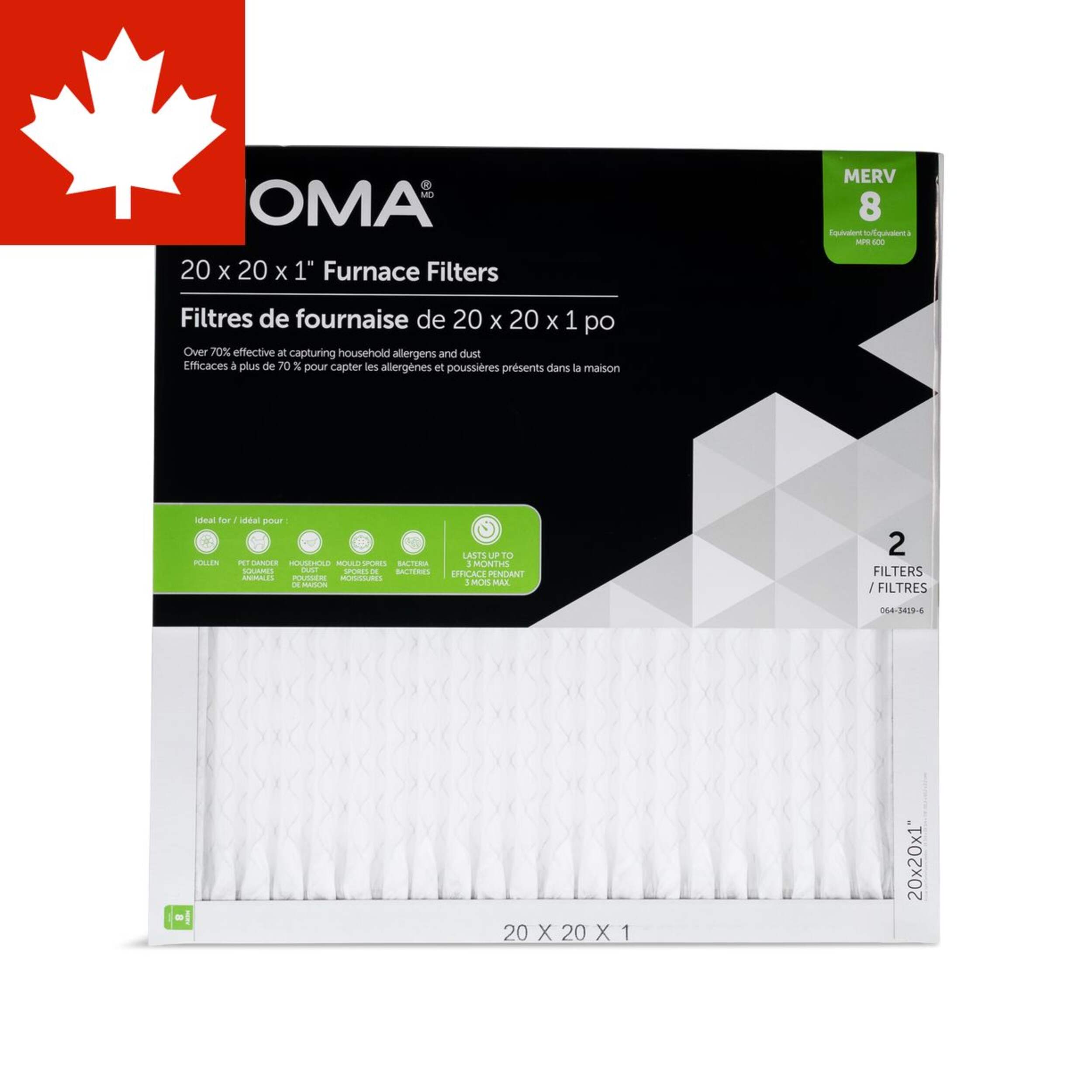 NOMA Electrostatic Furnace Air Filters, MERV 8, 20 x 20 x 1-in, 2-pk Front_Flat