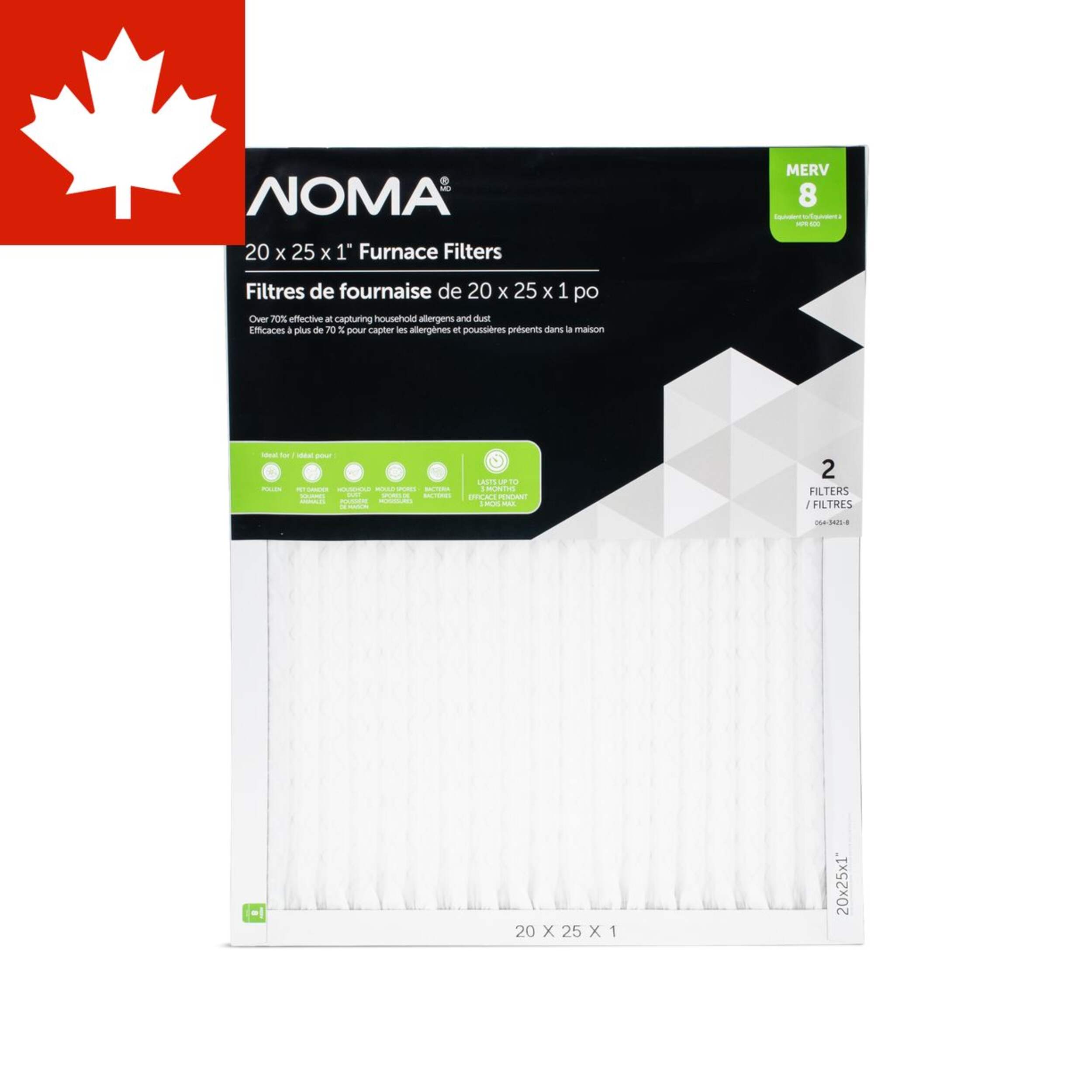 NOMA Electrostatic Furnace Air Filters, MERV 8, 20 x 25 x 1-in, 2-pk Front_Flat