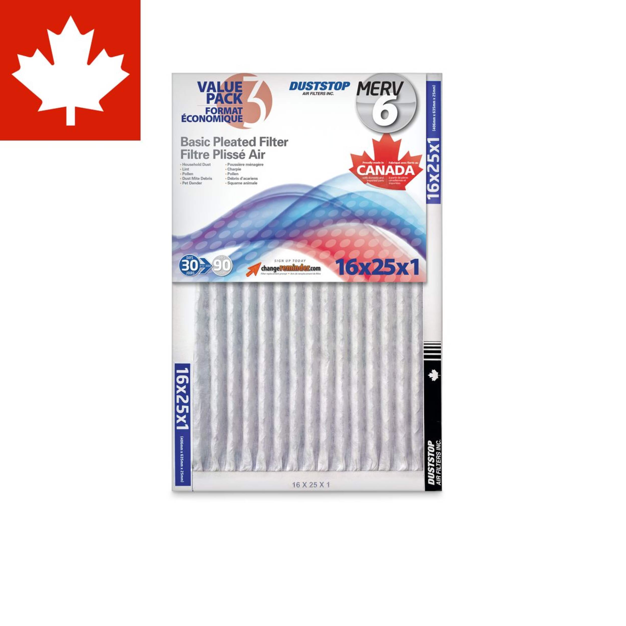 Duststop MERV 6 Basic Pleated Air Filters, 16 x 25 x 1-in, 3-pk Front_Flat