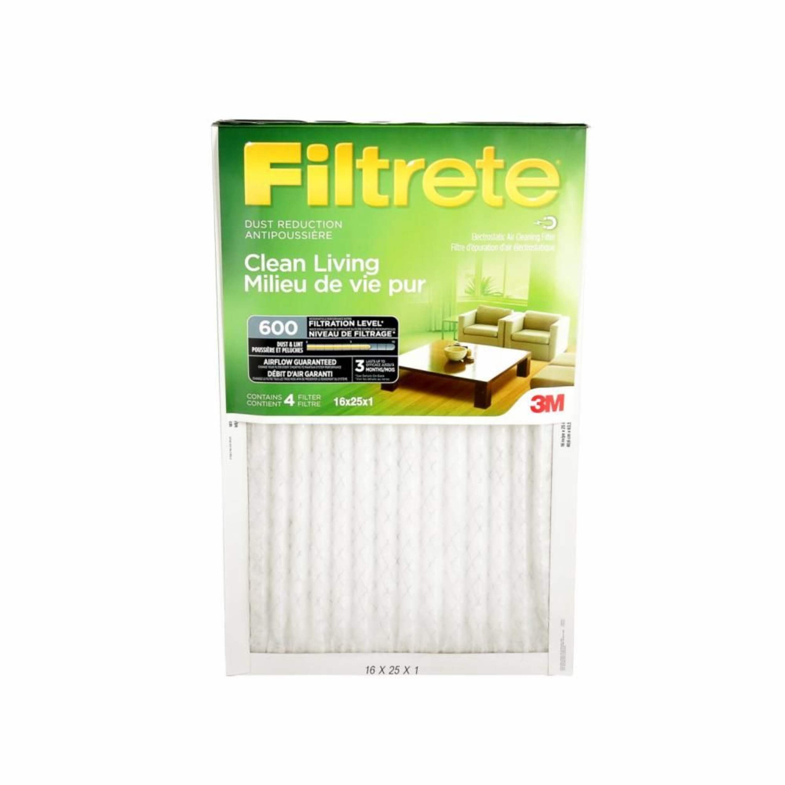 3M™ Filtrete™ Clean Living Dust Reduction Air Filters, MPR 600, 16 x 25 x 1-in, 4-pk Front_Flat