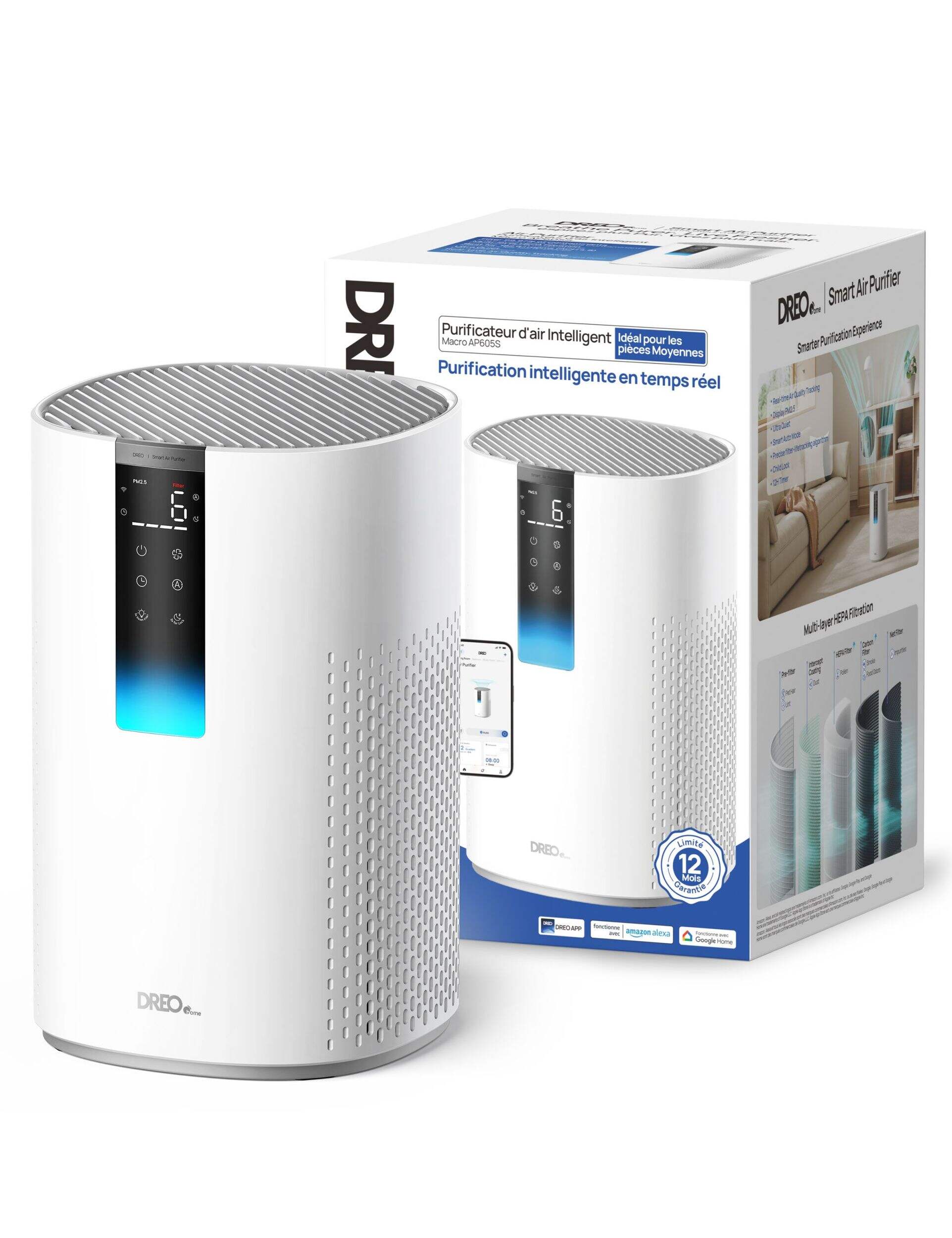 Purificateur d'air intelligent DREO Home avec suivi de la qualité de l'air en temps réel, élimination des allergènes et des odeurs Front_Angled_Left