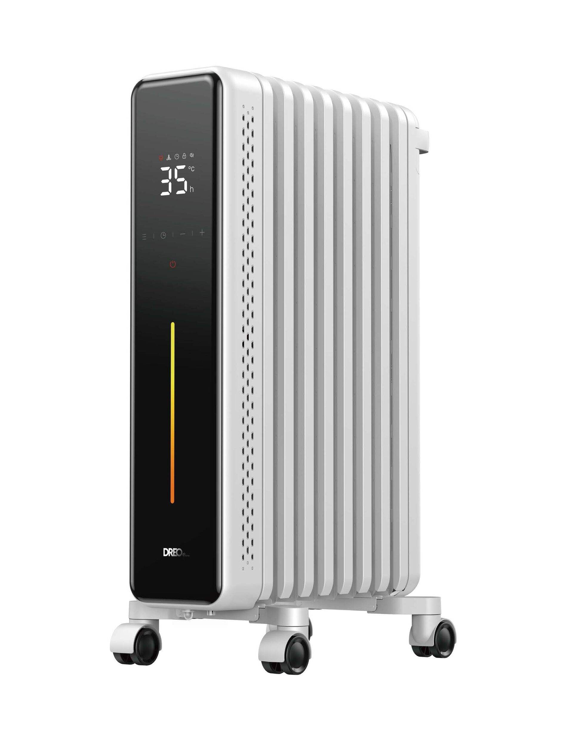 DREO Home 1500W Digital Electric Oil-Filled Radiator Heater with Thermostat, White Front_Angled_Right