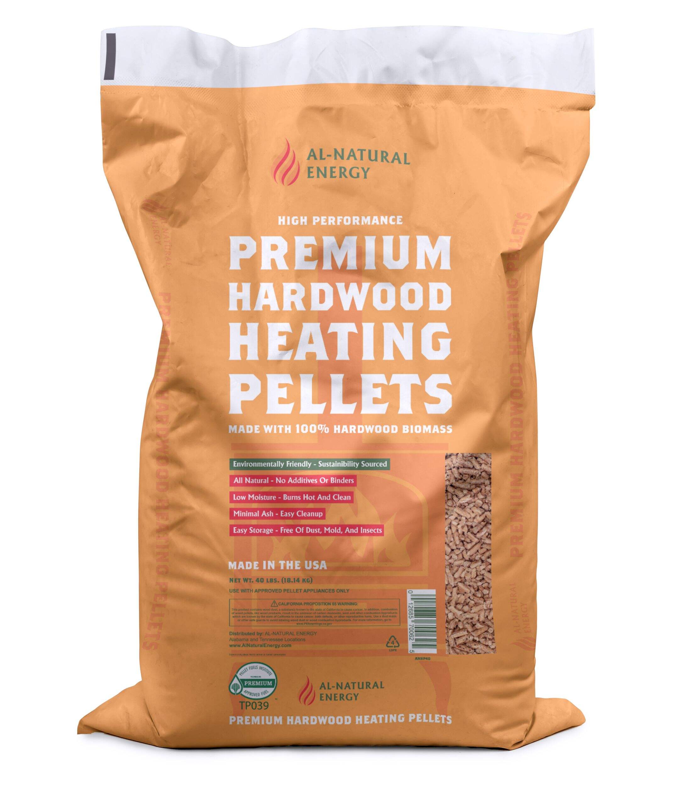 Al-Natural Energy Premium Hardwood Heating Pellets, 100% Southern Oak, 18.1-kg Bag Front_Flat