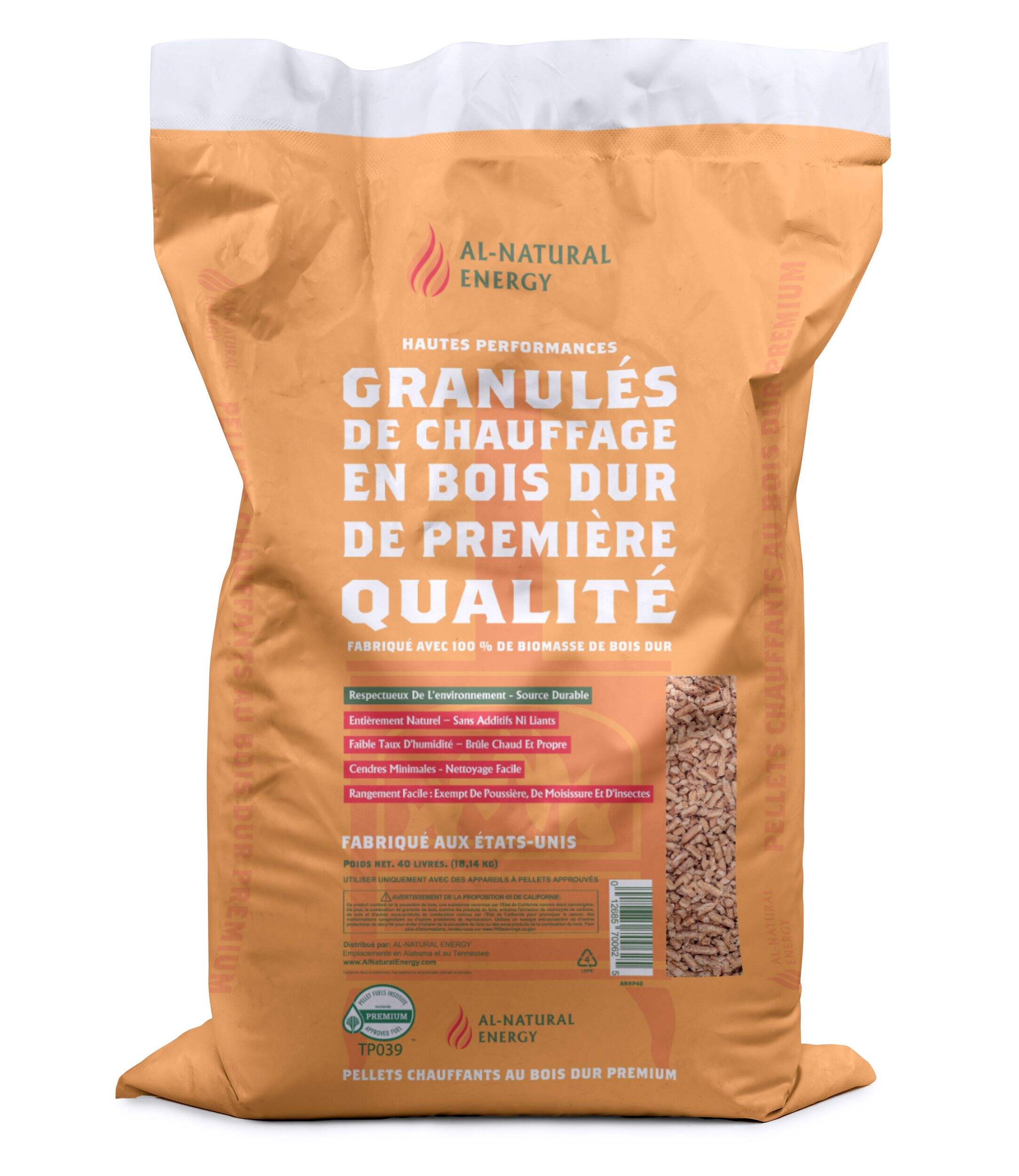 Granules de bois dur de qualité supérieure Al-Natural Energy, entièrement de chêne austral, sac de 18,1 kg Front_Flat