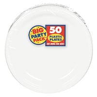 Big Party Pack Round Plastic Reusable Dessert Plates, Assorted Colours, 7-in, 50-pk, for Birthday/Graduation Overhead_Flat
