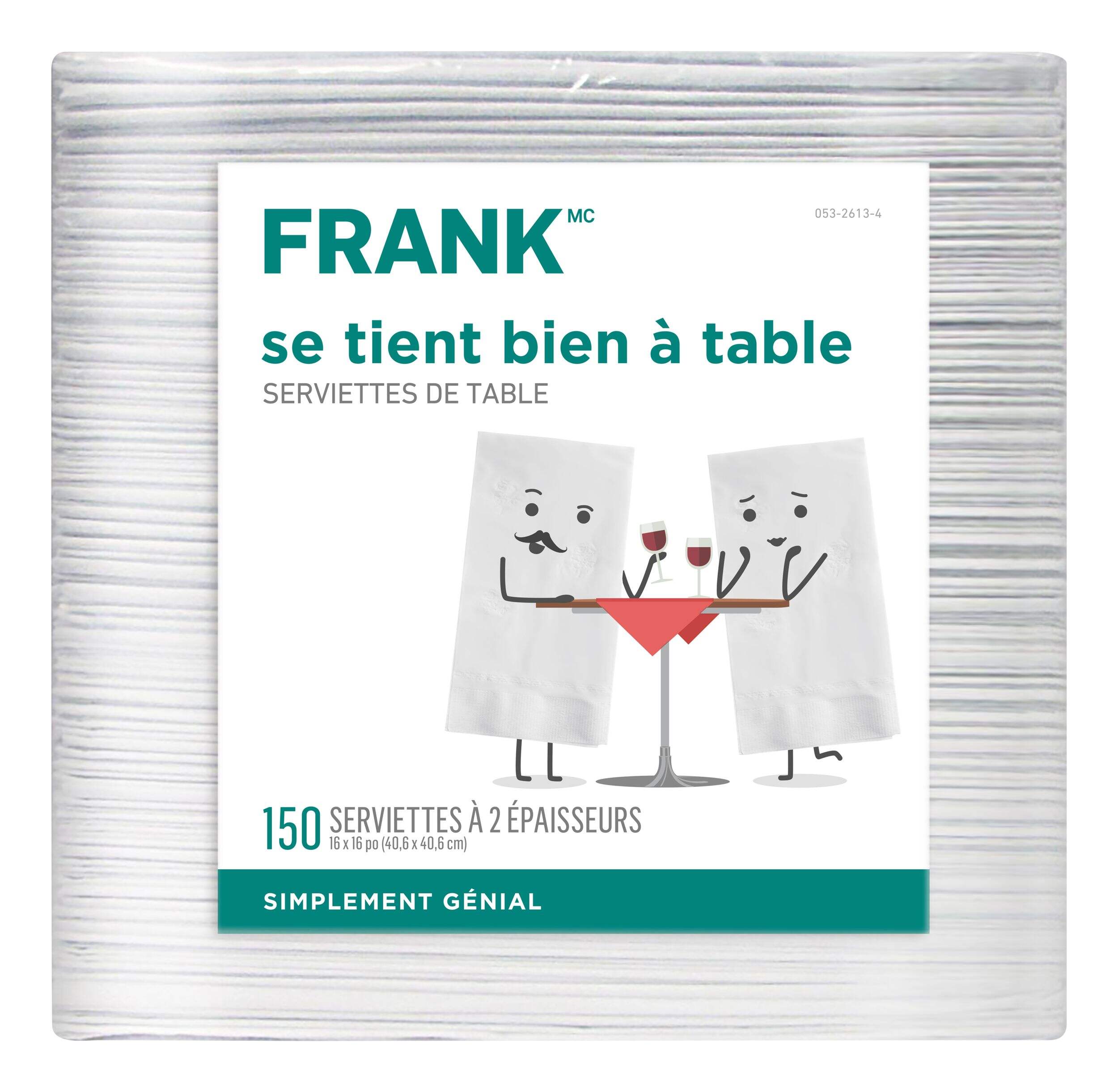 Serviettes de table carrées jetables en papier FRANK, blanc, 16 po, paq. 150, 2 épaisseurs, pour fête d'anniversaire/mariage/Pâques/Noël Front_Flat