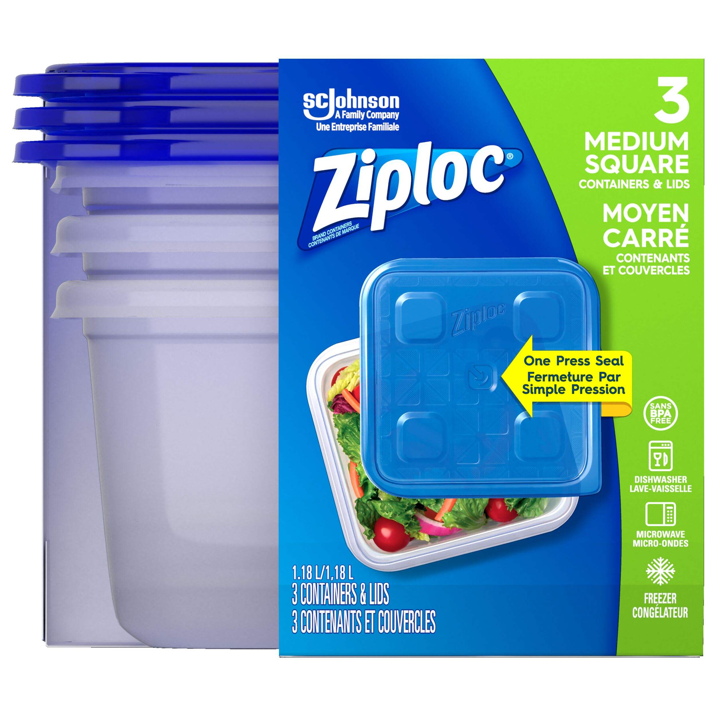 Ziploc Medium Square Plastic Food Storage Container, 1.18-L, 3-pk Front_Flat